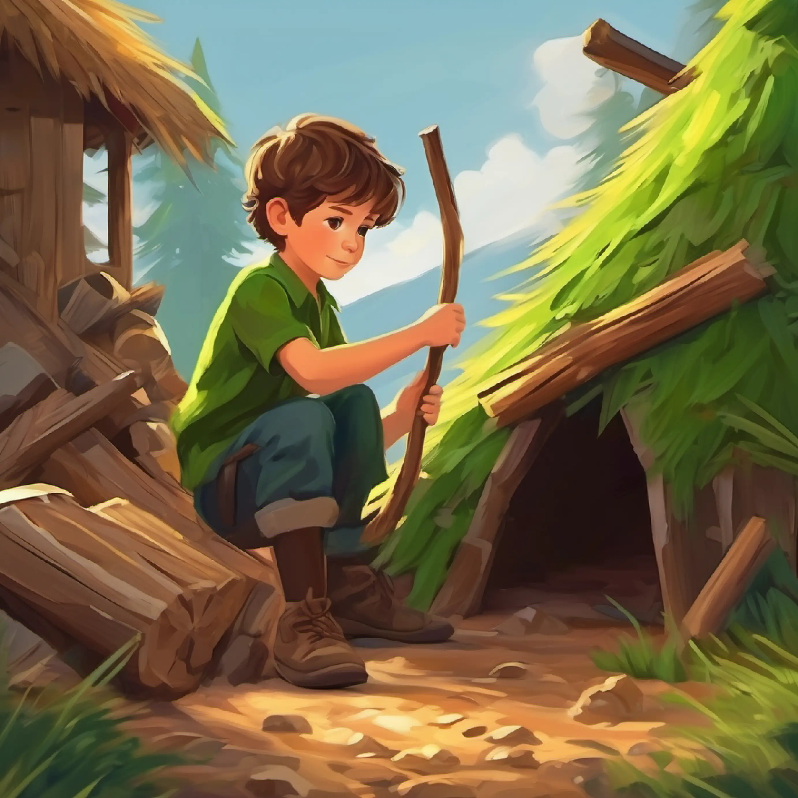 Young boy with brown hair, fair skin, and green eyes plays with sticks, constructing a small fort.