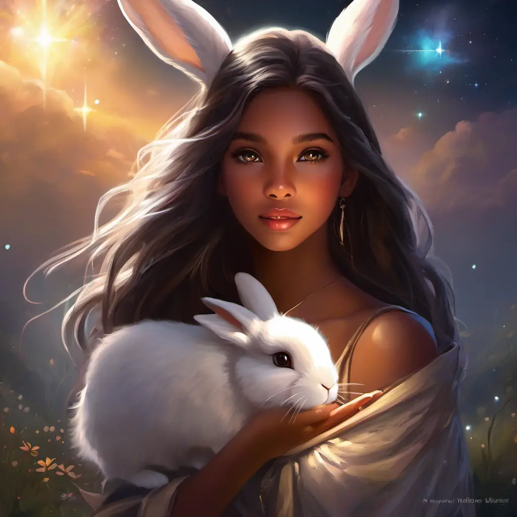 Safe at home, Snow-white bunny, fluffy, long ears, bright sparkly eyes eats safely, Young girl, caring, brown skin, big brown eyes, long black hair vigilant.