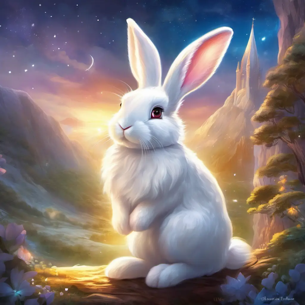 Snow-white bunny, fluffy, long ears, bright sparkly eyes sees an opportunity, begins adventure.