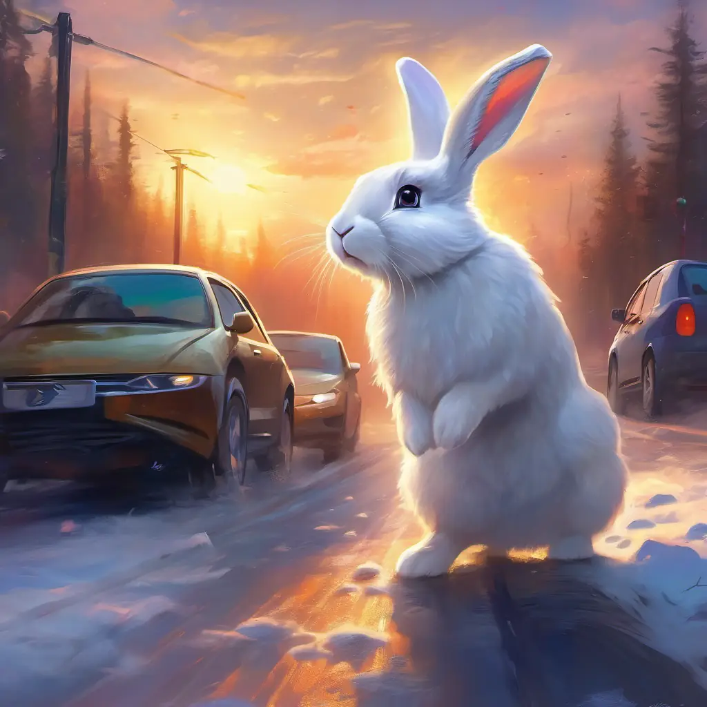 Snow-white bunny, fluffy, long ears, bright sparkly eyes nears road, is scared by traffic, still tempted by food.