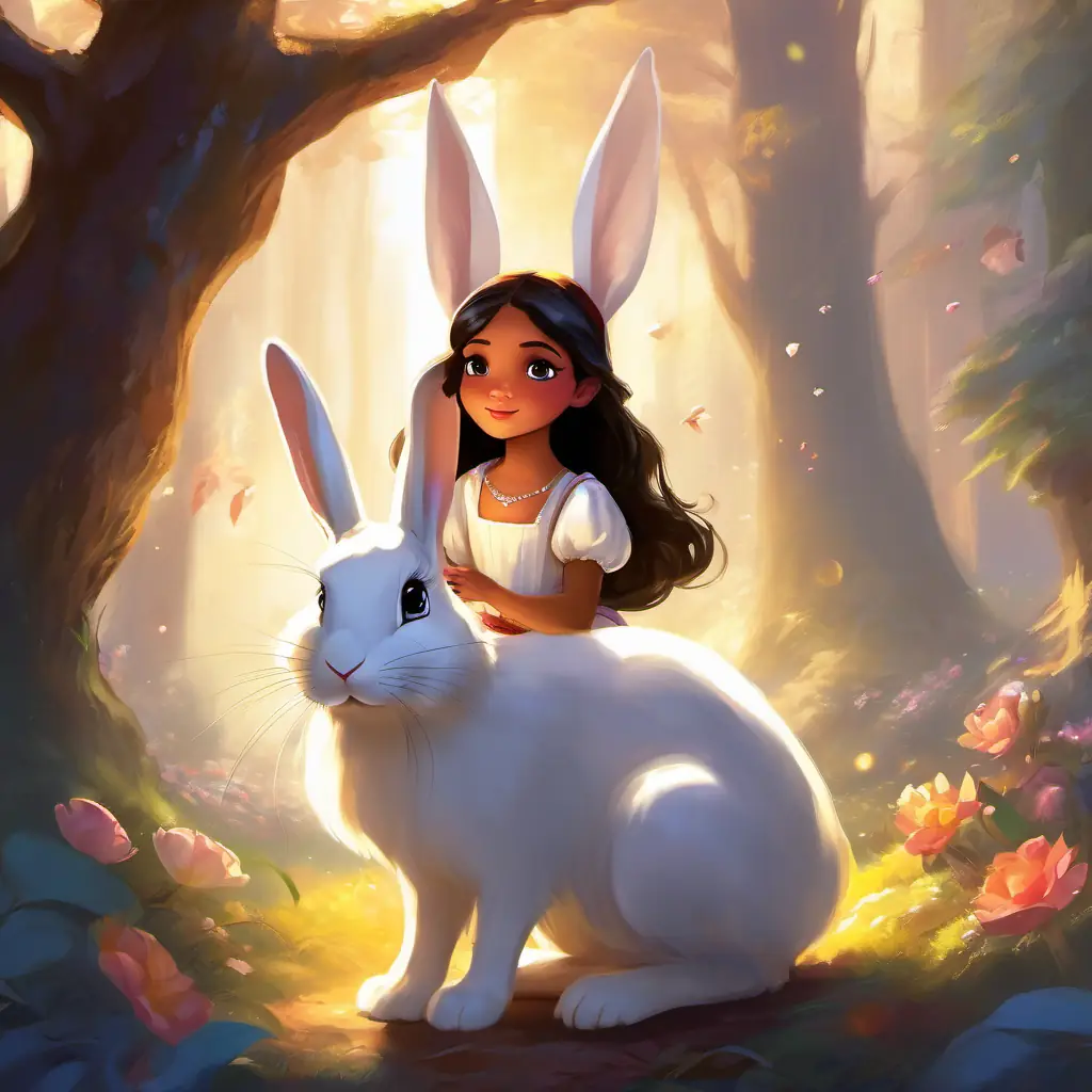 Snow-white bunny, fluffy, long ears, bright sparkly eyes finds food, unaware of Young girl, caring, brown skin, big brown eyes, long black hair's approach.