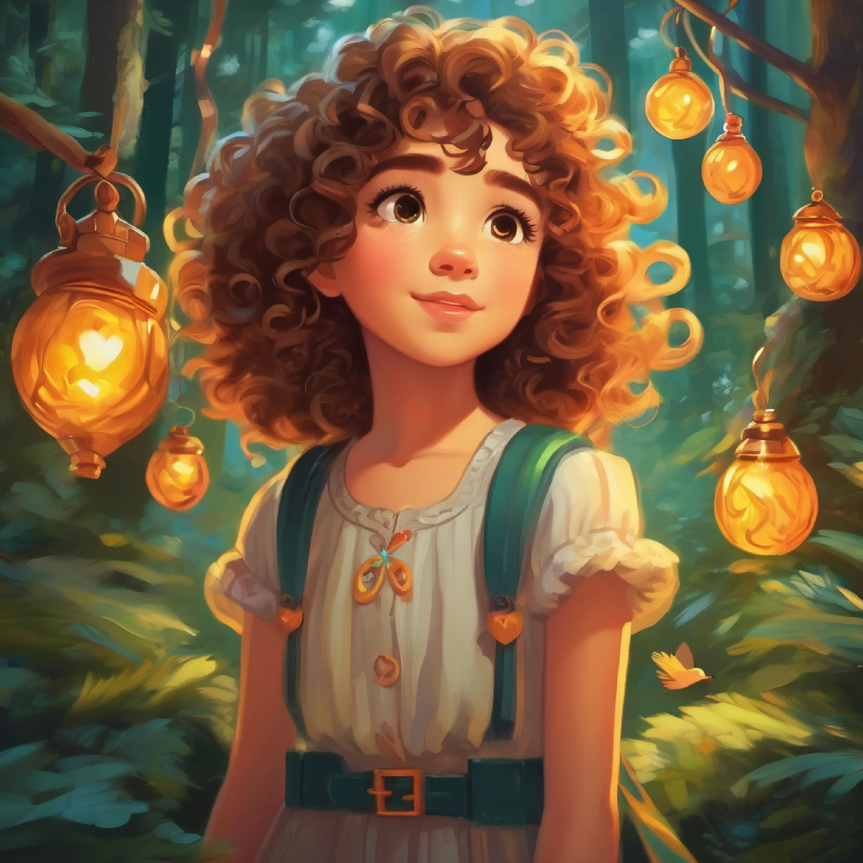 Curly-haired girl with amber eyes, spirited and dreamy's friends anxiously wait for her dream set in a talking forest.