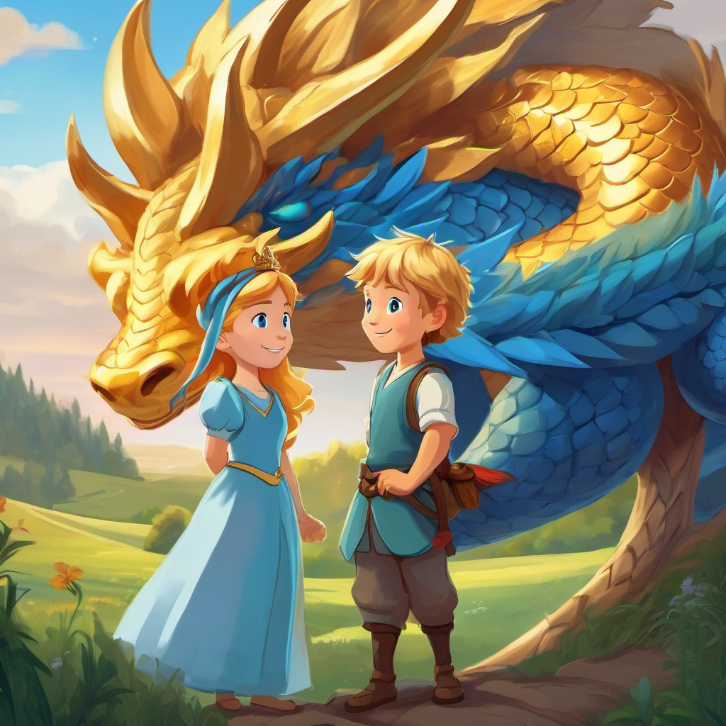 Brave princess with golden hair and sparkling blue eyes and Danny talking to the dragon, with smiles and friendly gestures