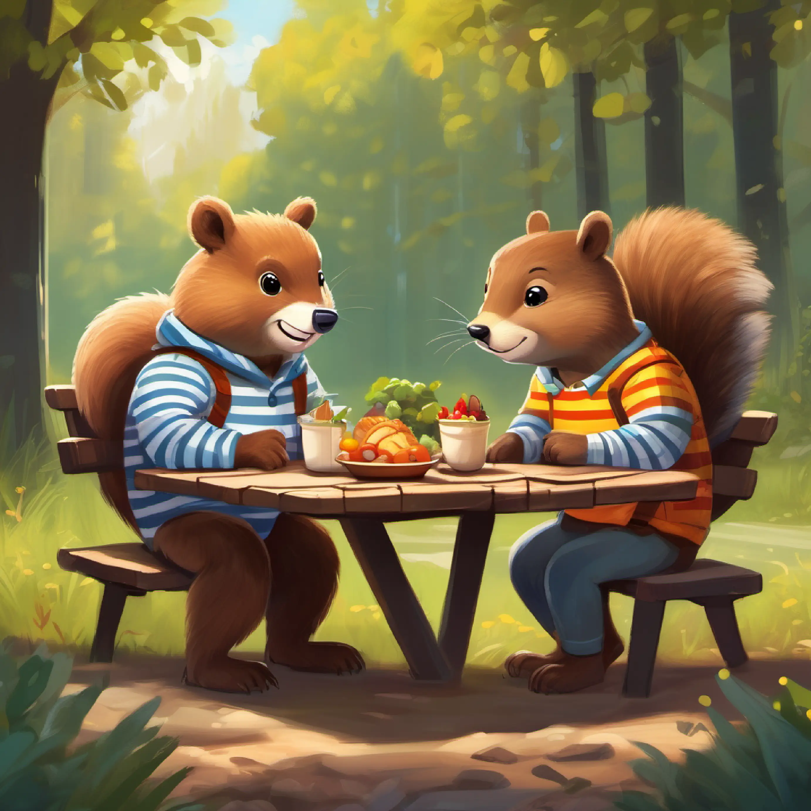 Brown bear with a bright smile and a striped shirt, brown eyes and Grey squirrel with a shy demeanor, dark eyes share their lunch.