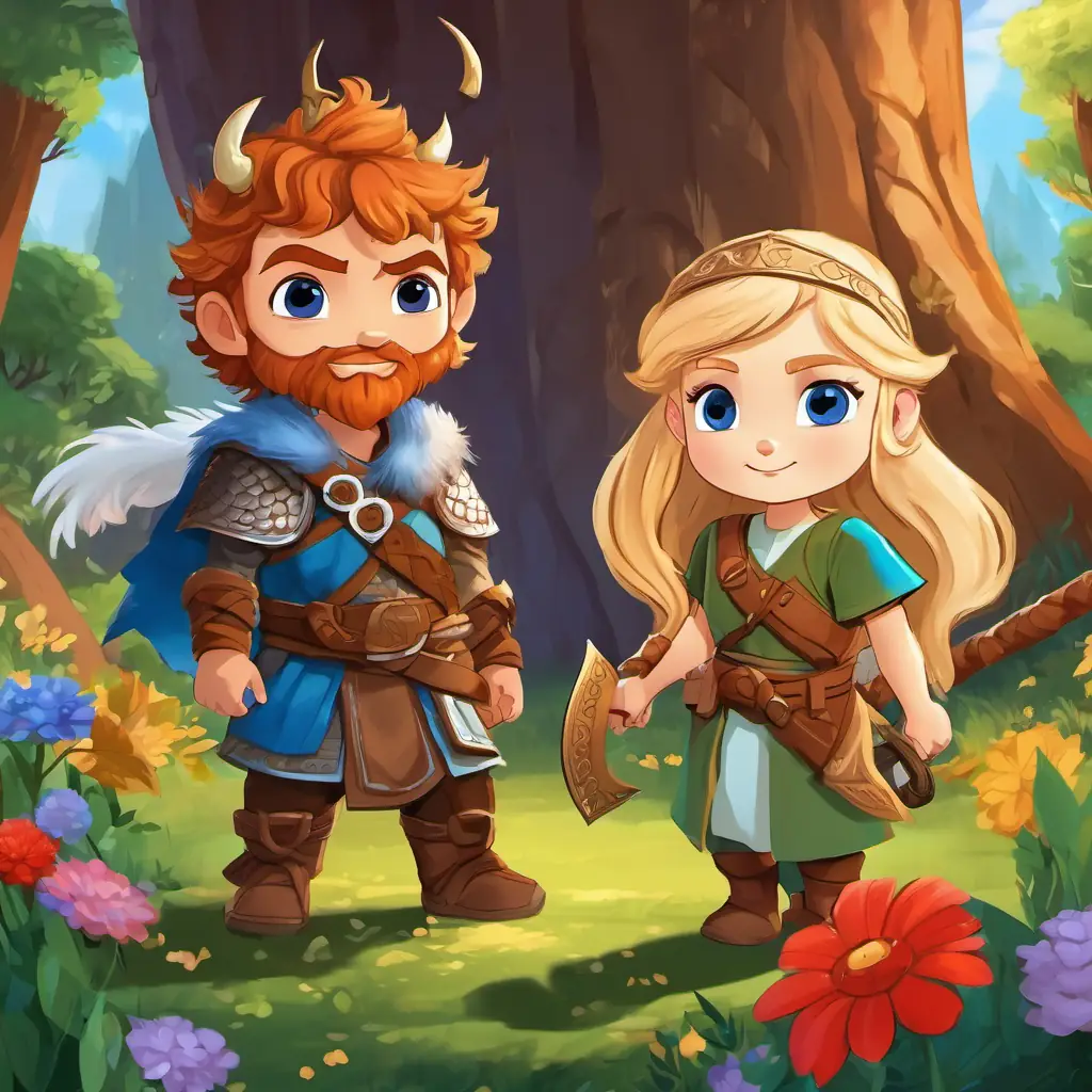 Safi is a young Viking boy with fair skin, blue eyes, and curly blond hair, Magnus is a tall and strong Viking with a long red beard, fair skin, and blue eyes, and Astrid is a kind-hearted Viking girl with braided blonde hair, fair skin, and green eyes playing with Sparkle is a baby dragon with shiny purple scales and big innocent blue eyes, the baby dragon, surrounded by colorful flowers and tall trees
