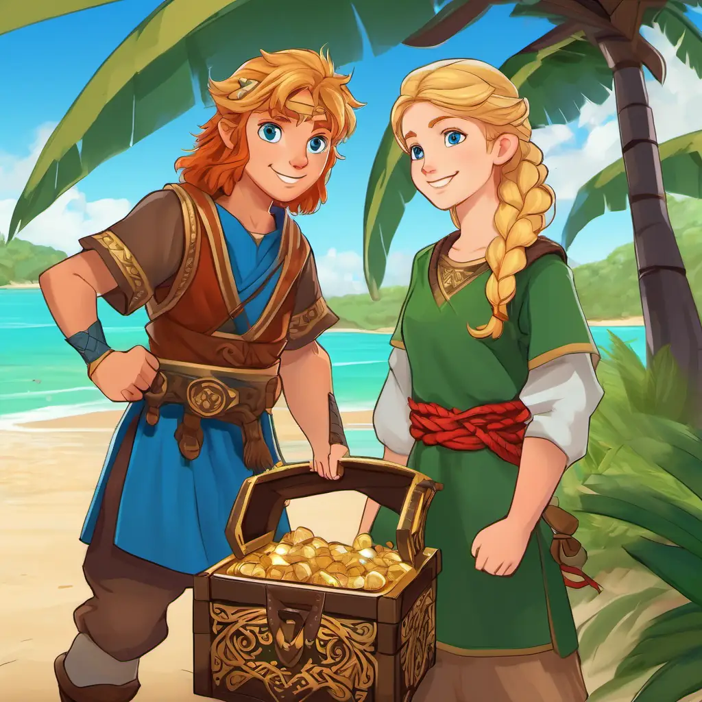 Safi is a young Viking boy with fair skin, blue eyes, and curly blond hair, Magnus is a tall and strong Viking with a long red beard, fair skin, and blue eyes, and Astrid is a kind-hearted Viking girl with braided blonde hair, fair skin, and green eyes opening the treasure chest on a sandy island beach, palm trees swaying in the gentle breeze