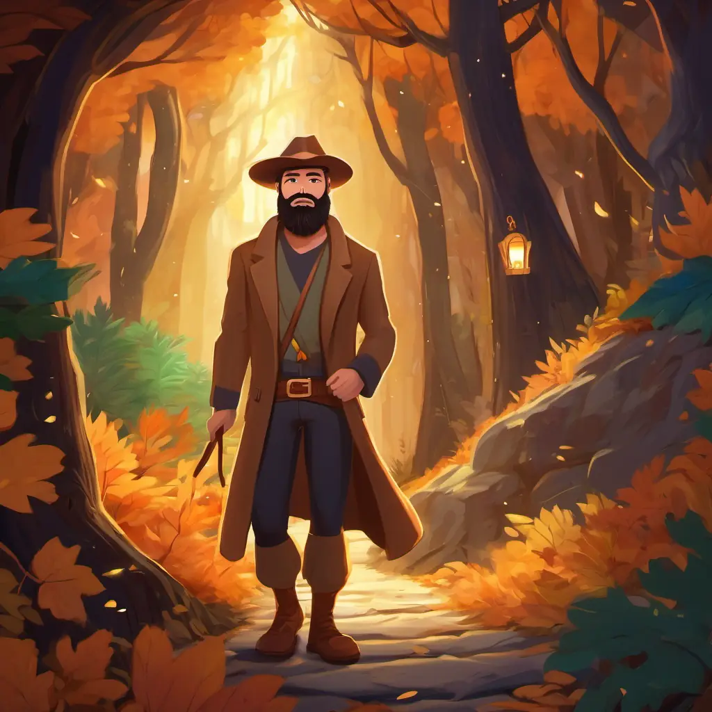 Bearded man with tan skin and brown eyes, a bearded man with tan skin and brown eyes, finding the hidden treasure in a forest surrounded by tall trees and a sparkling cave entrance.