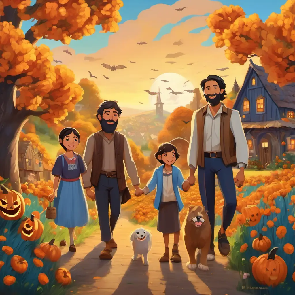 The grateful villagers surrounding Bearded man with tan skin and brown eyes and his family, holding hands, smiling, and sharing their newly found prosperity in a beautiful village with blooming flowers and a clear blue sky.