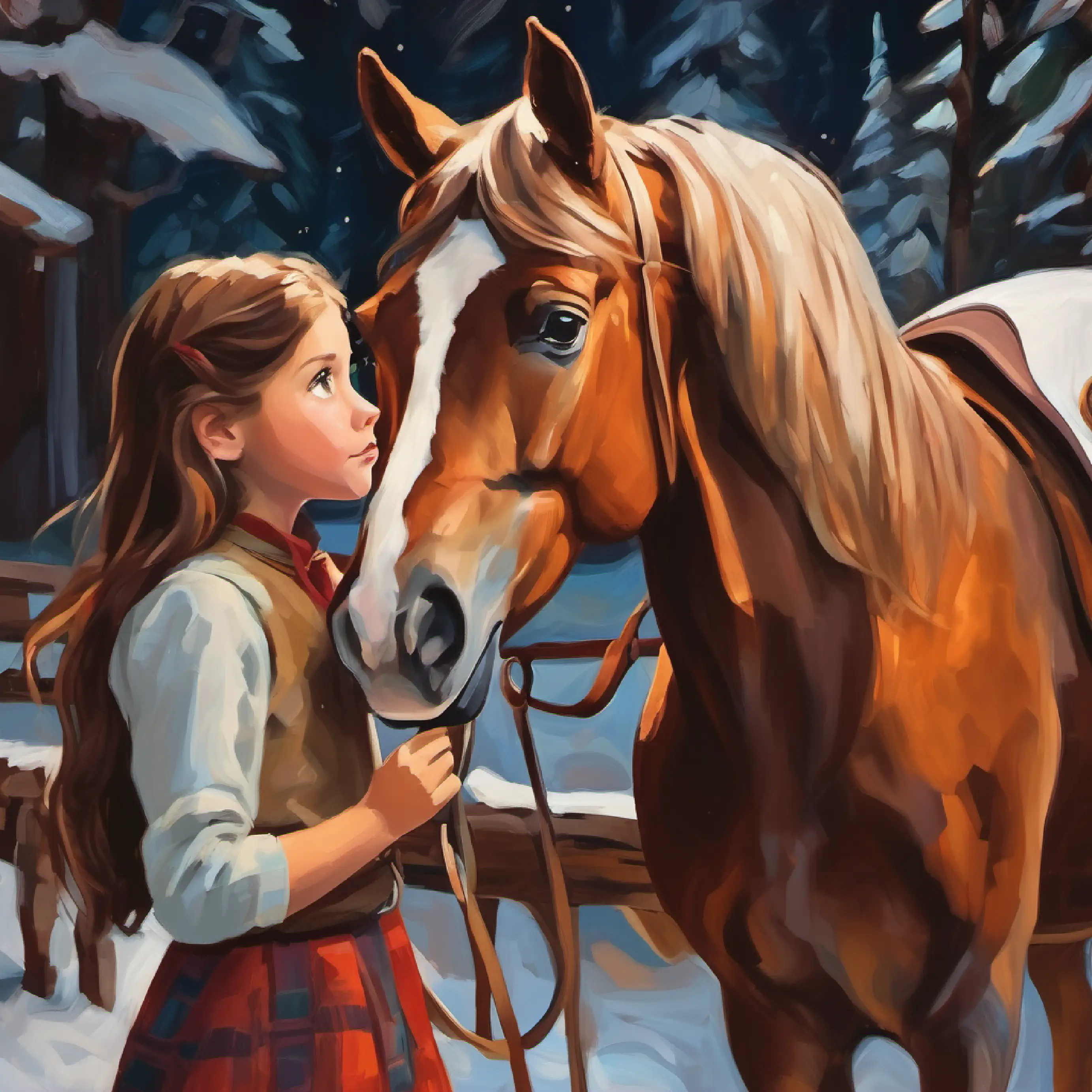 Brave young girl with hopeful eyes and long brown hair  finding and speaking to the horse