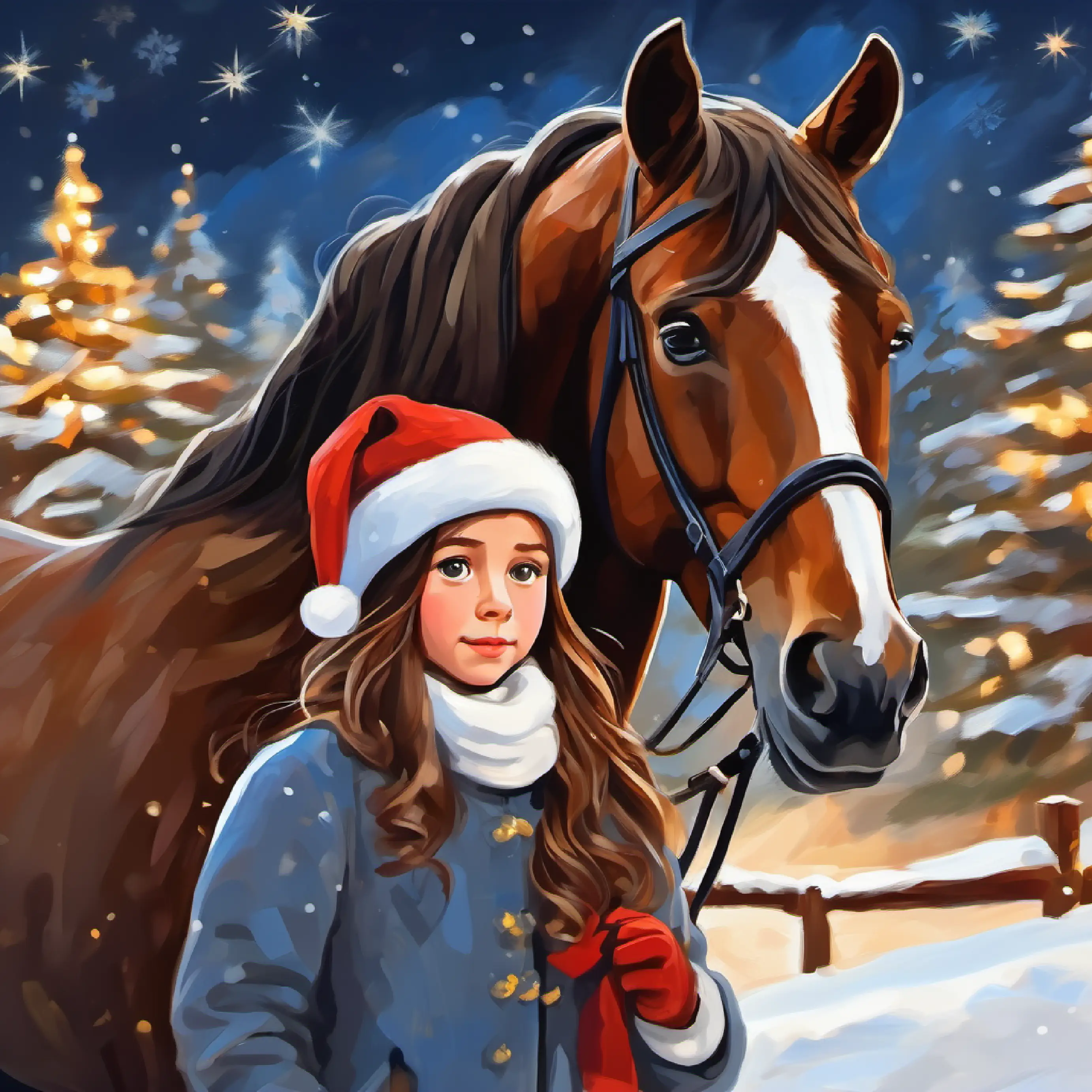 Brave young girl with hopeful eyes and long brown hair 's awe as she details Majestic horse with intelligent gaze and gleaming coat's features