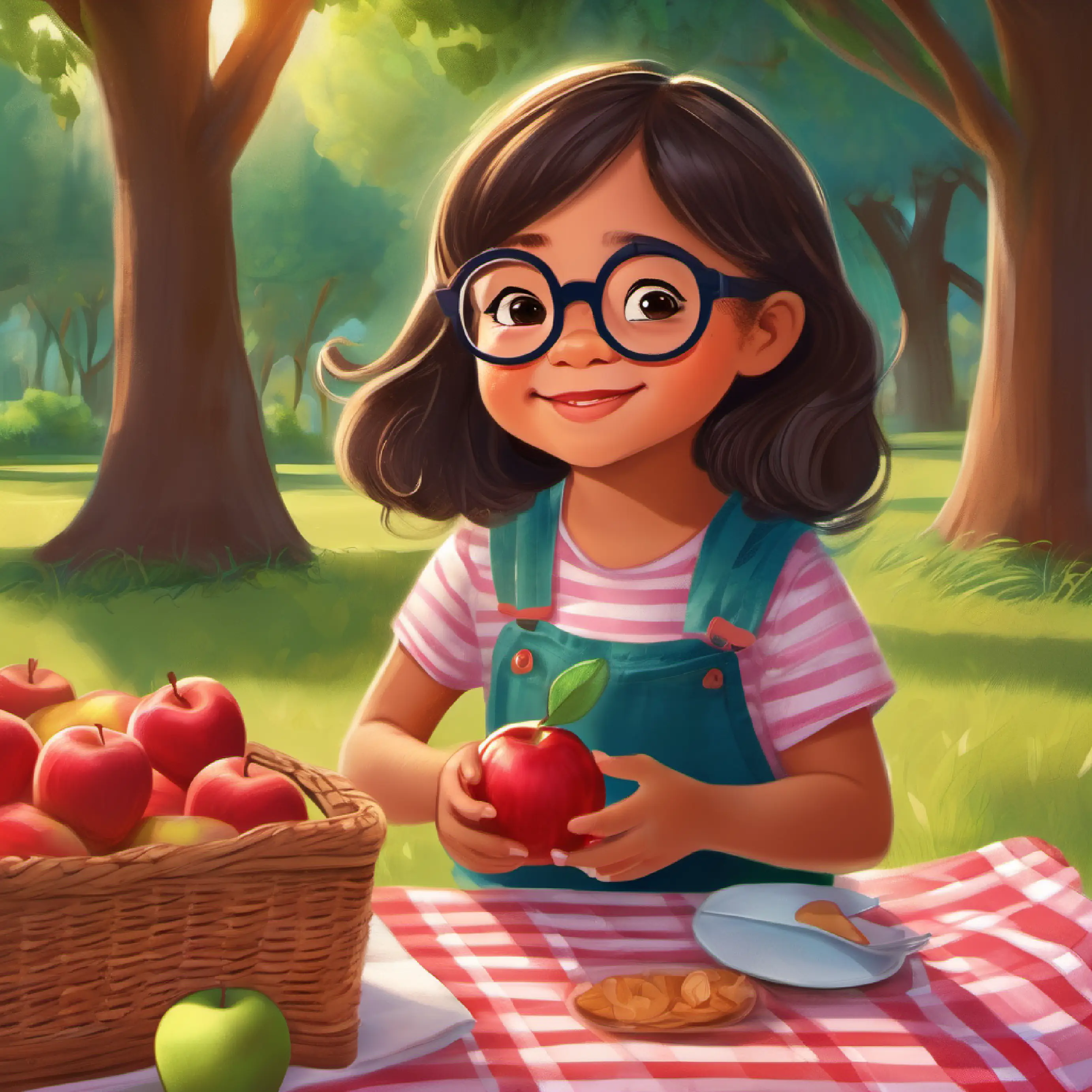 Karen is having a picnic, eating an apple.