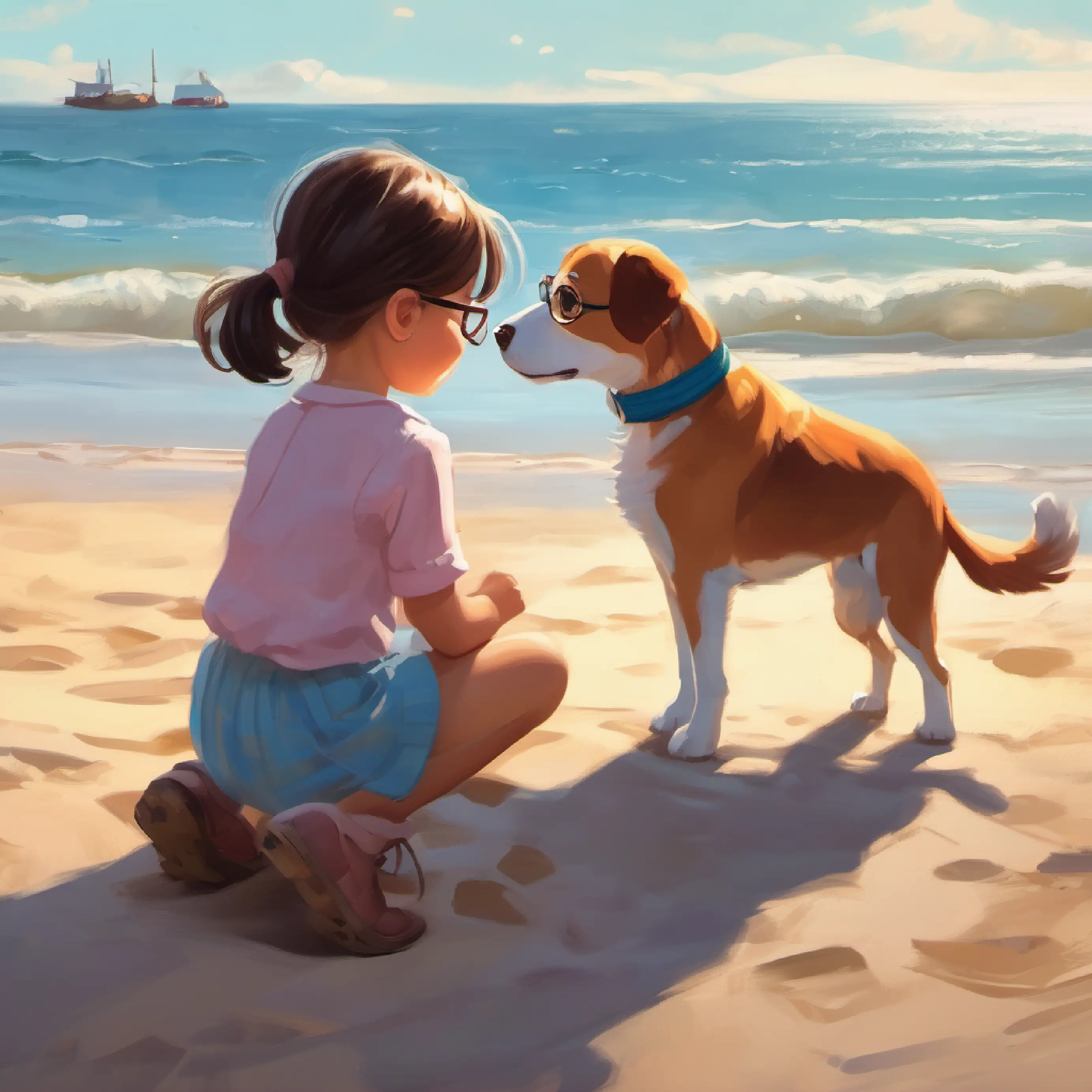 A little girl with glasses at the beach petting a dog