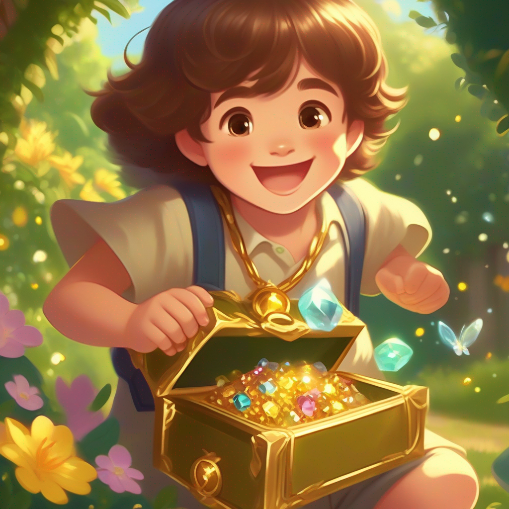 Aal with brown hair and a big smile, playing in the garden holding a big chest full of sparkling jewels and gold