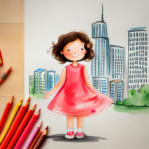Cute little girl with curly hair and a pink dress, a happy little girl, surrounded by tall buildings