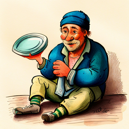 Beggar smiling, shivering and holding an empty plate