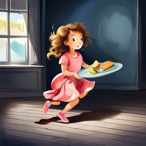 Cute little girl with curly hair and a pink dress running with a plate of food and a blanket