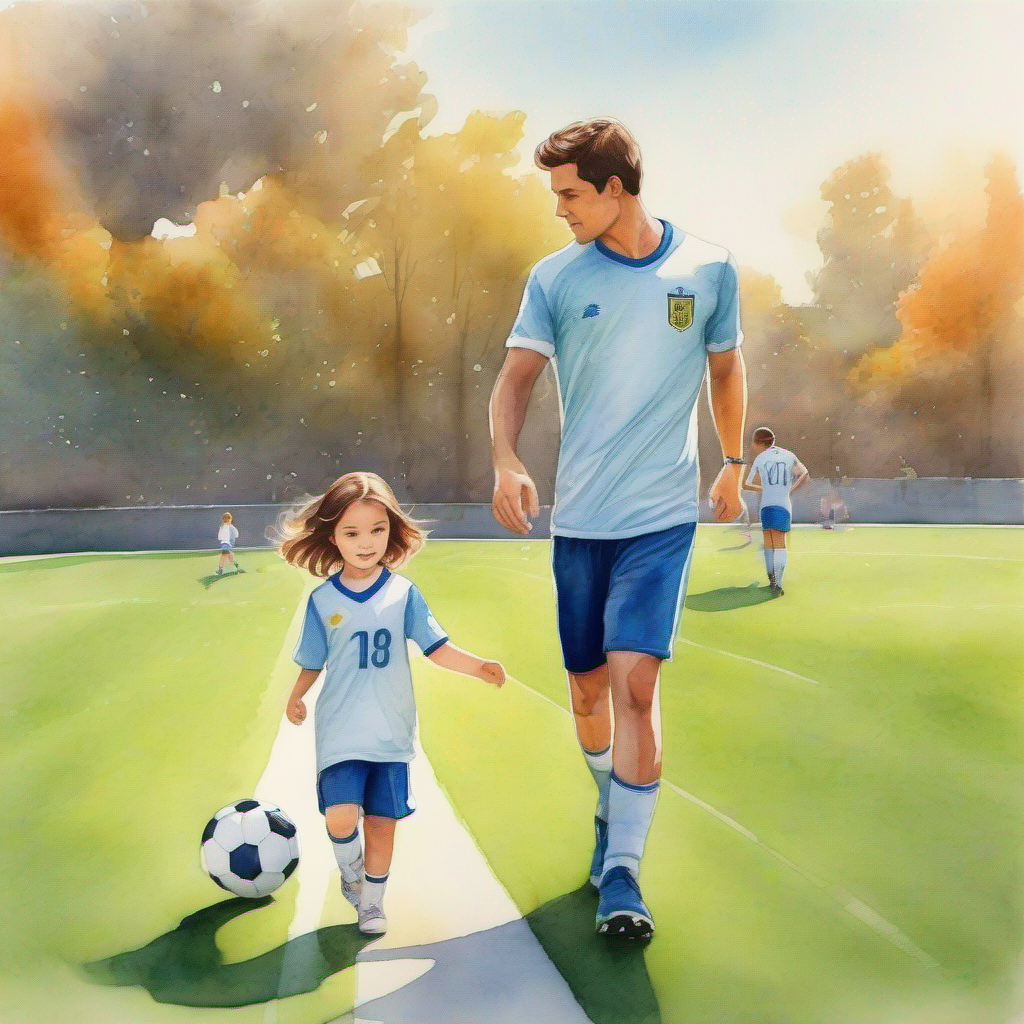 Bella is a determined girl with brown hair and a soccer jersey. and her dad practicing soccer under the bright sun.