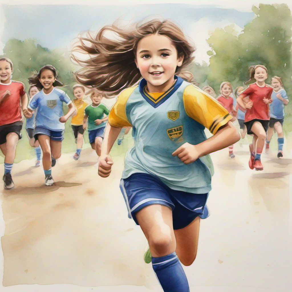 Bella is a determined girl with brown hair and a soccer jersey. running with the ball while others cheer her on.