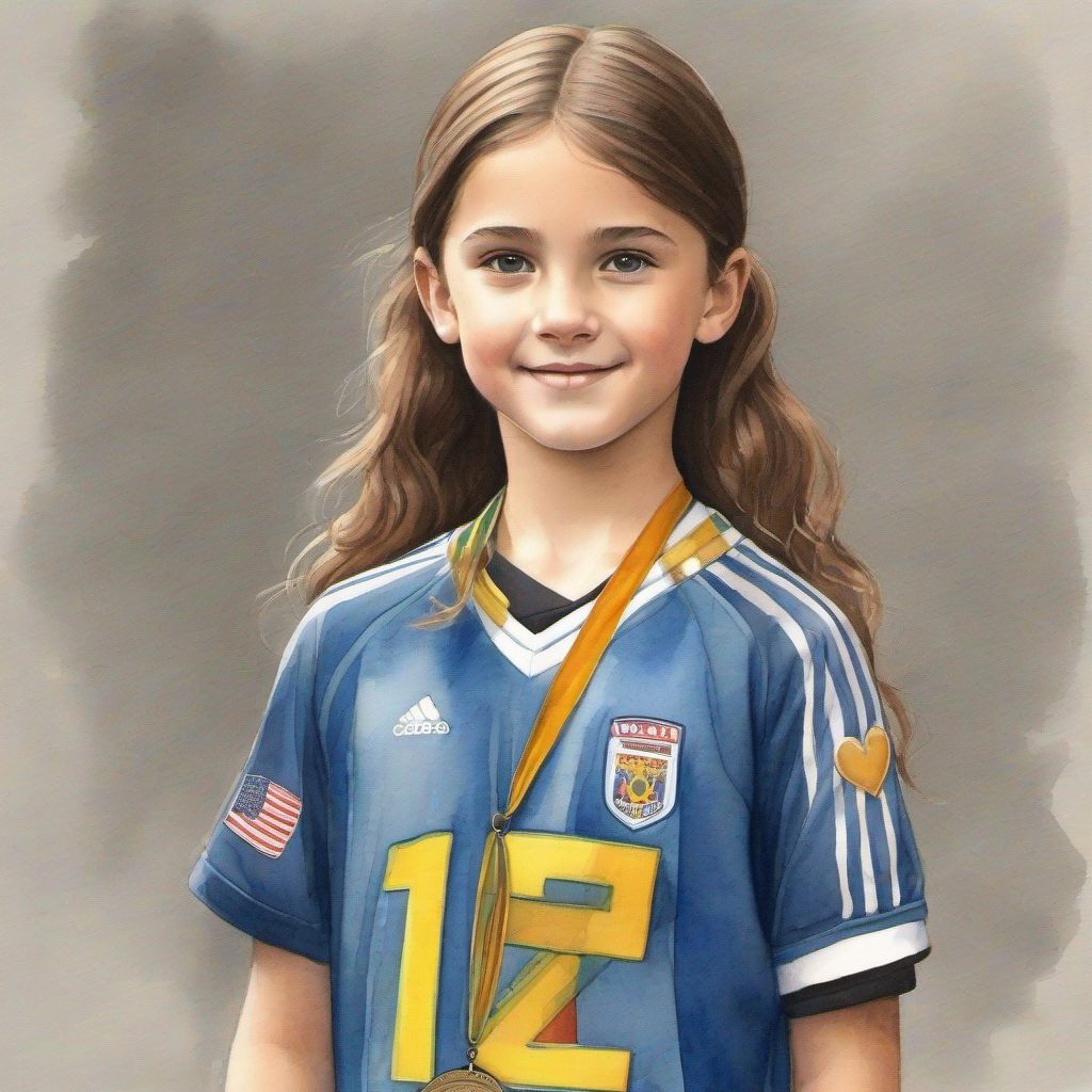 Bella is a determined girl with brown hair and a soccer jersey. standing tall with a medal around her neck.