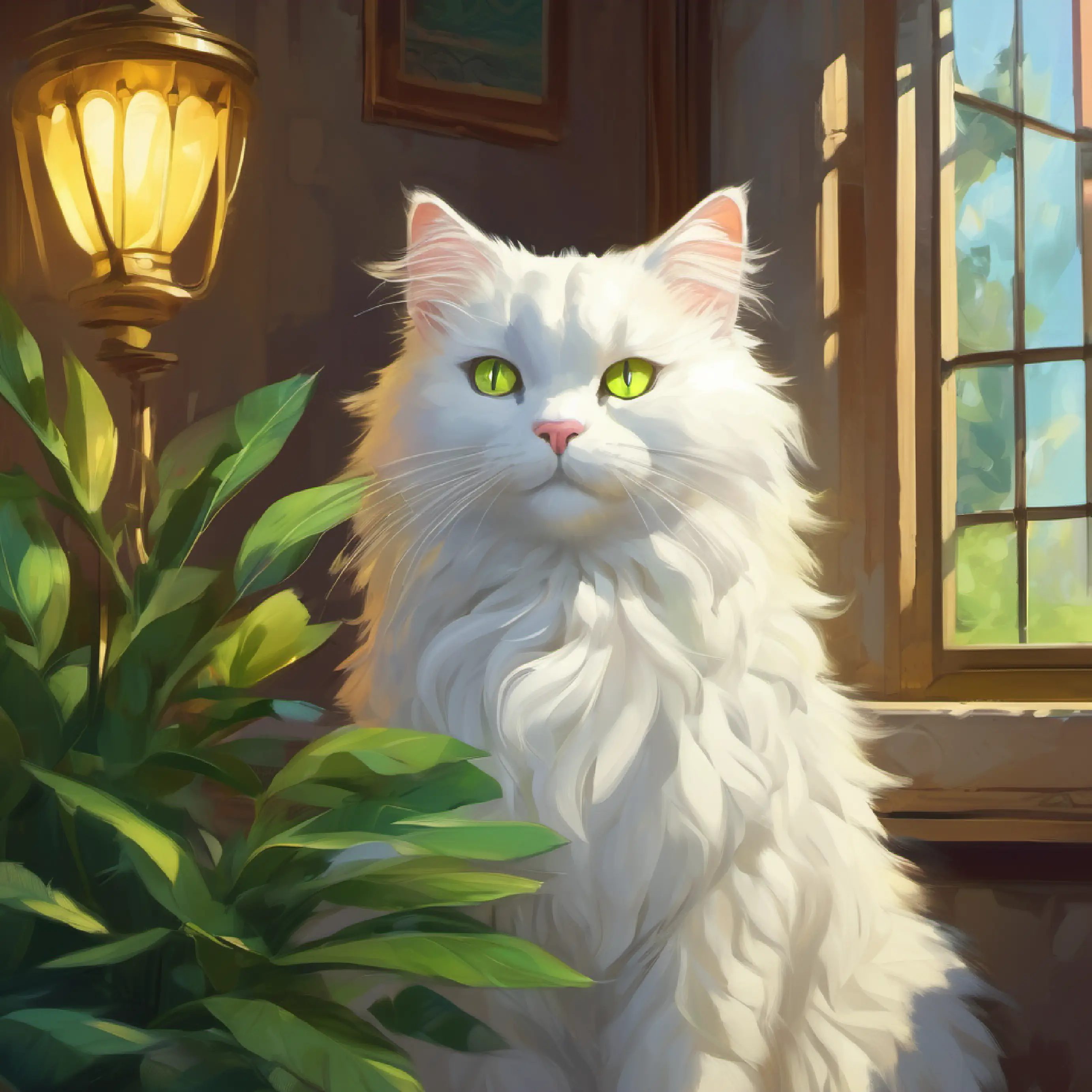 Fluffy white cat with yellow-green eyes, adventurous and friends promise to meet again and say goodbye.