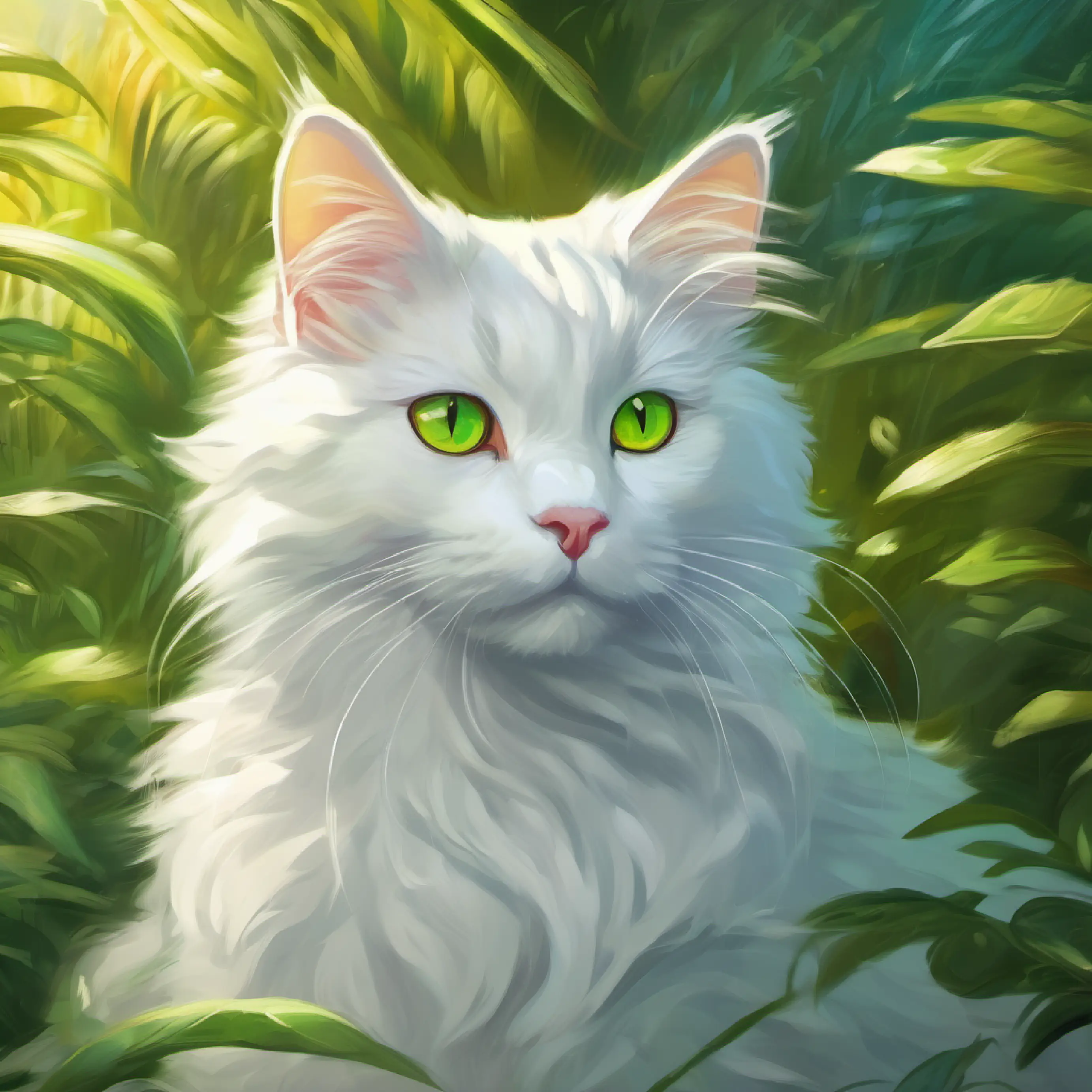 Fluffy white cat with yellow-green eyes, adventurous reflects on his day and looks forward to tomorrow.