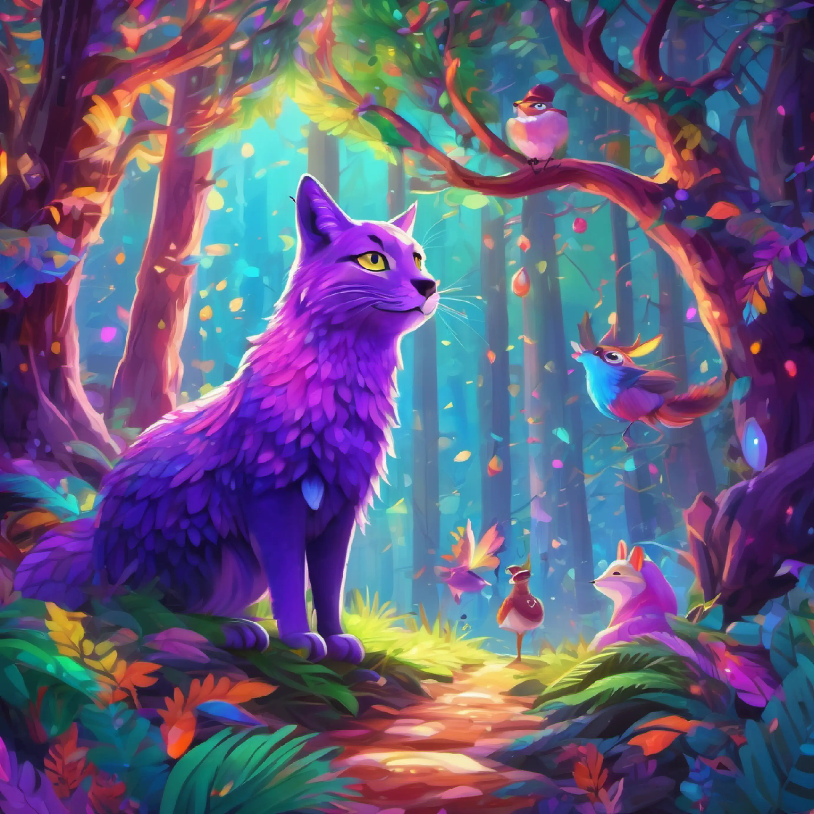 Forest setting, Shimmering multicolored scales, bright violet eyes spreading colors, animals watching.