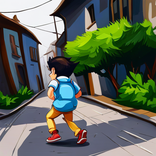Ayko running through a neighborhood alley, searching for clues