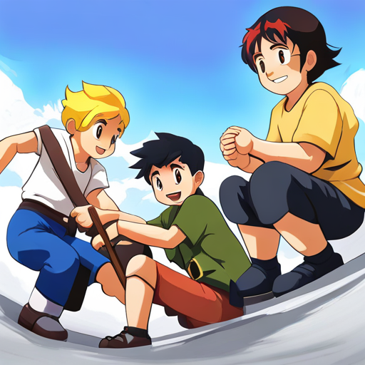 Ayko, Obi, and Gray helping each other overcome an obstacle