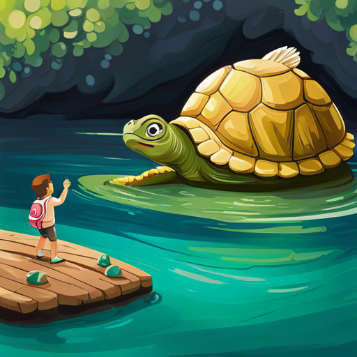 Aqua waving goodbye to the turtle and swimming away