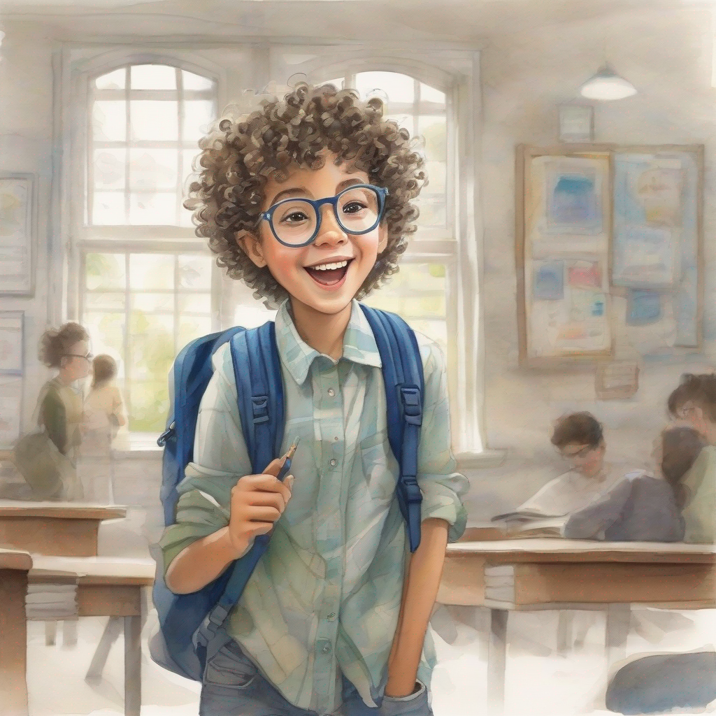 Curly-haired, glasses, wearing a blue backpack, a new student at school, feeling excited and worried
