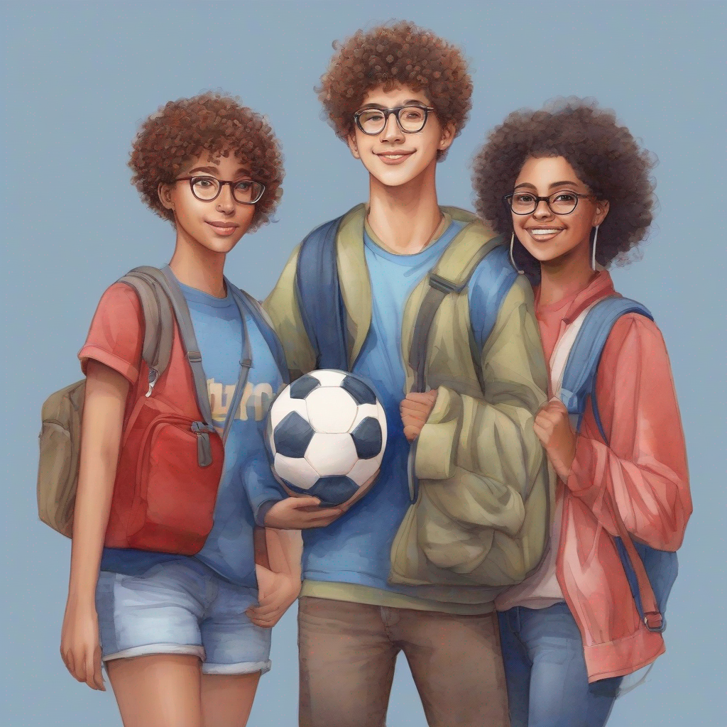 Curly-haired, glasses, wearing a blue backpack's friends standing up to Short hair, red t-shirt, carrying a soccer ball