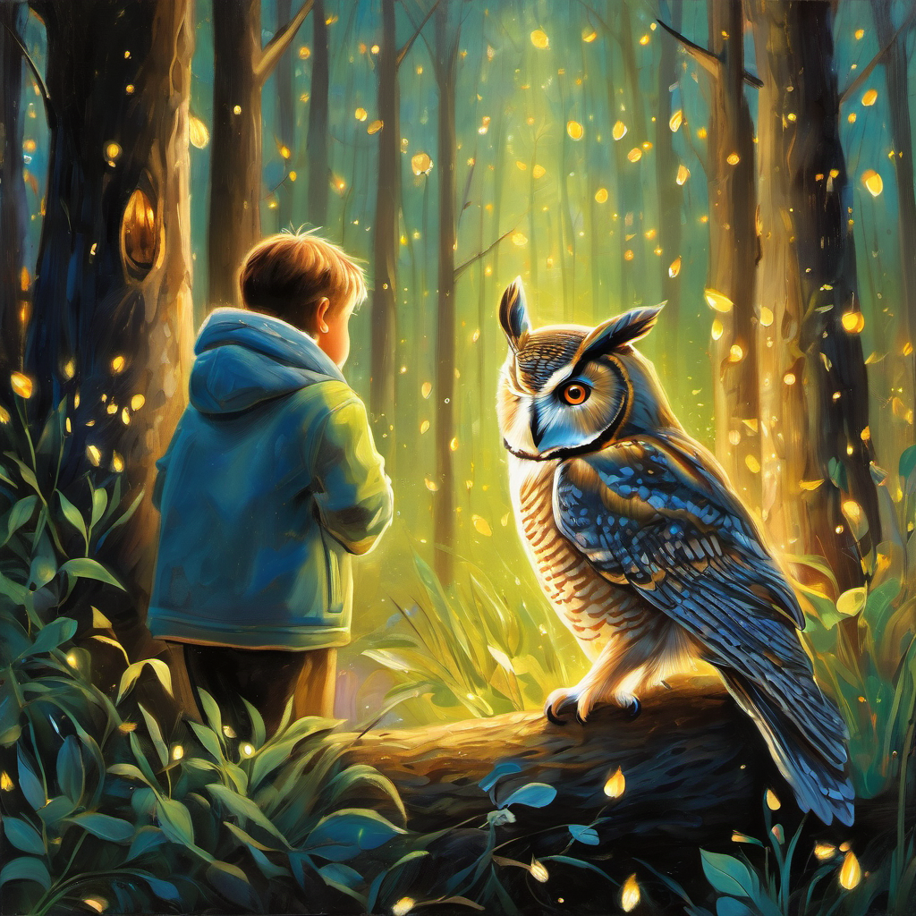 Billy felt a mix of emotions but knew the owl was wise. He thanked the owl and made his way back through the enchanted forest, guided by the fireflies' gentle light. The closer he got to home, the more his heart raced with both excitement and nervousness. As he timidly stepped into his house, Billy's parents rushed to give him a giant hug. They had been worried sick about him. Feeling guilty, Billy apologized for his actions, promising to be more careful and listen better in the future.