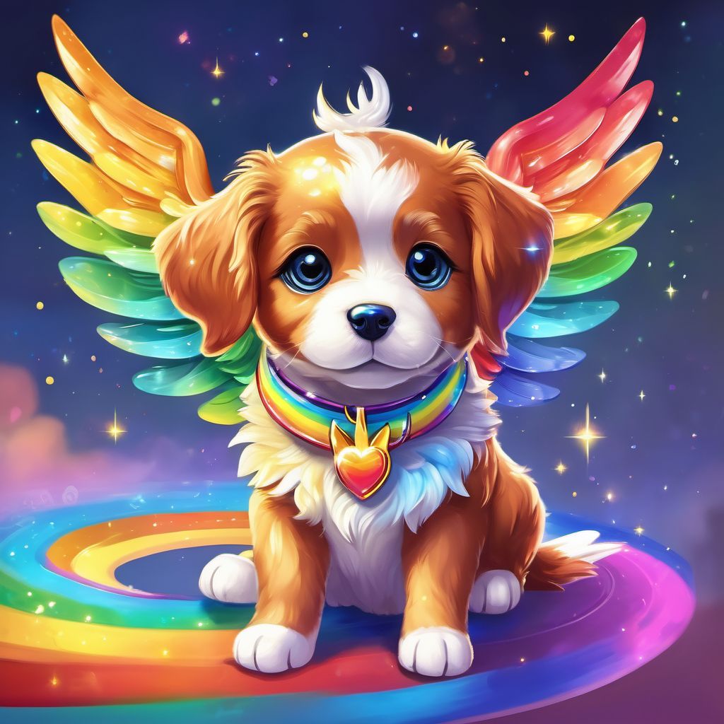 Rainbow puppy with wings and a sparkling collar. has broken wings that need fixing