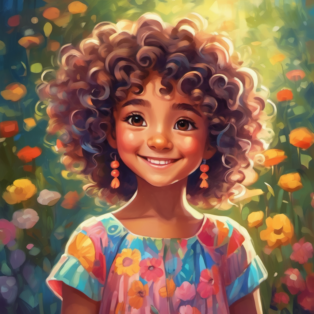 Curly-haired girl wearing a colorful dress. smiles and feels happy about her new friend