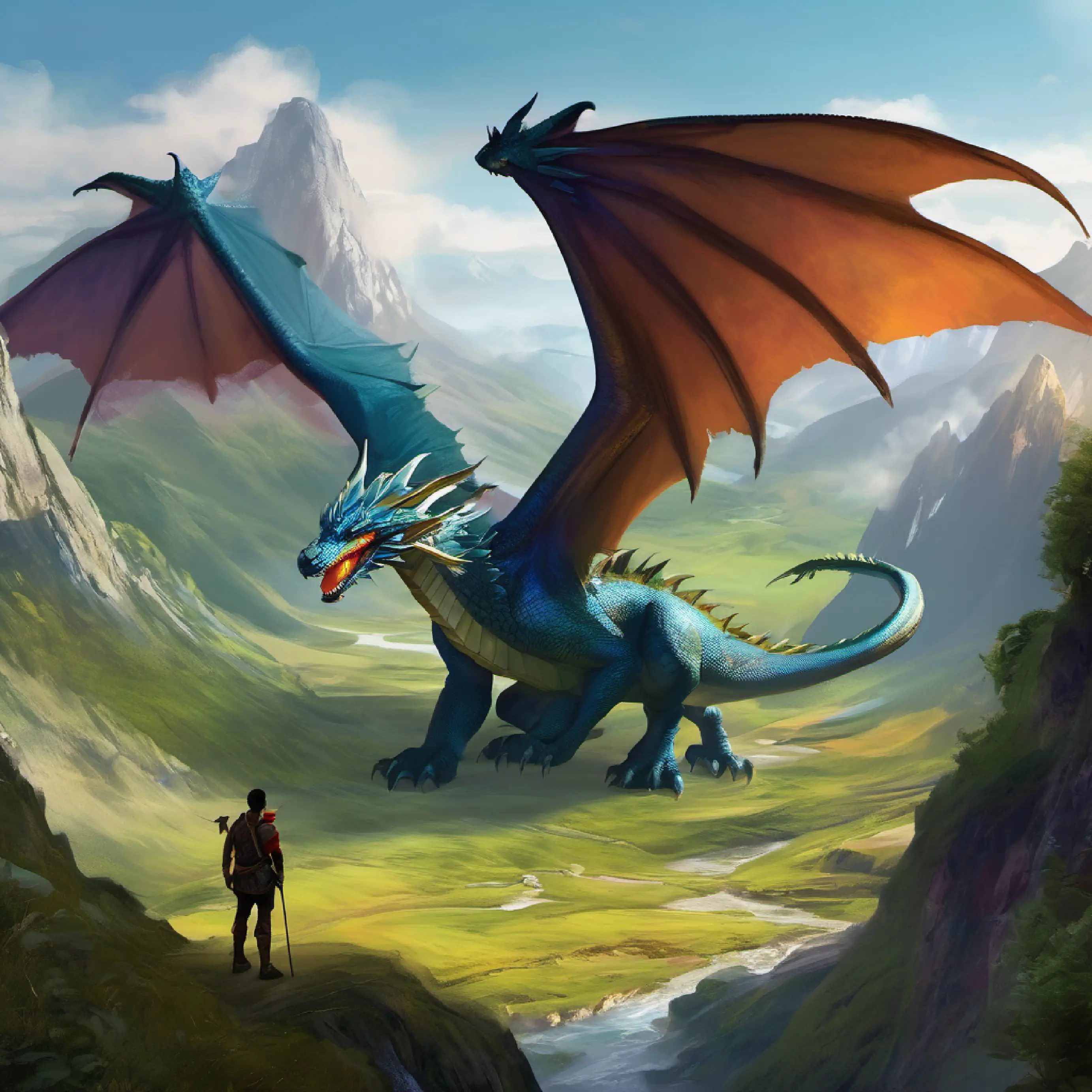 Introduction to Alexis and his dragon in a mountainous land.