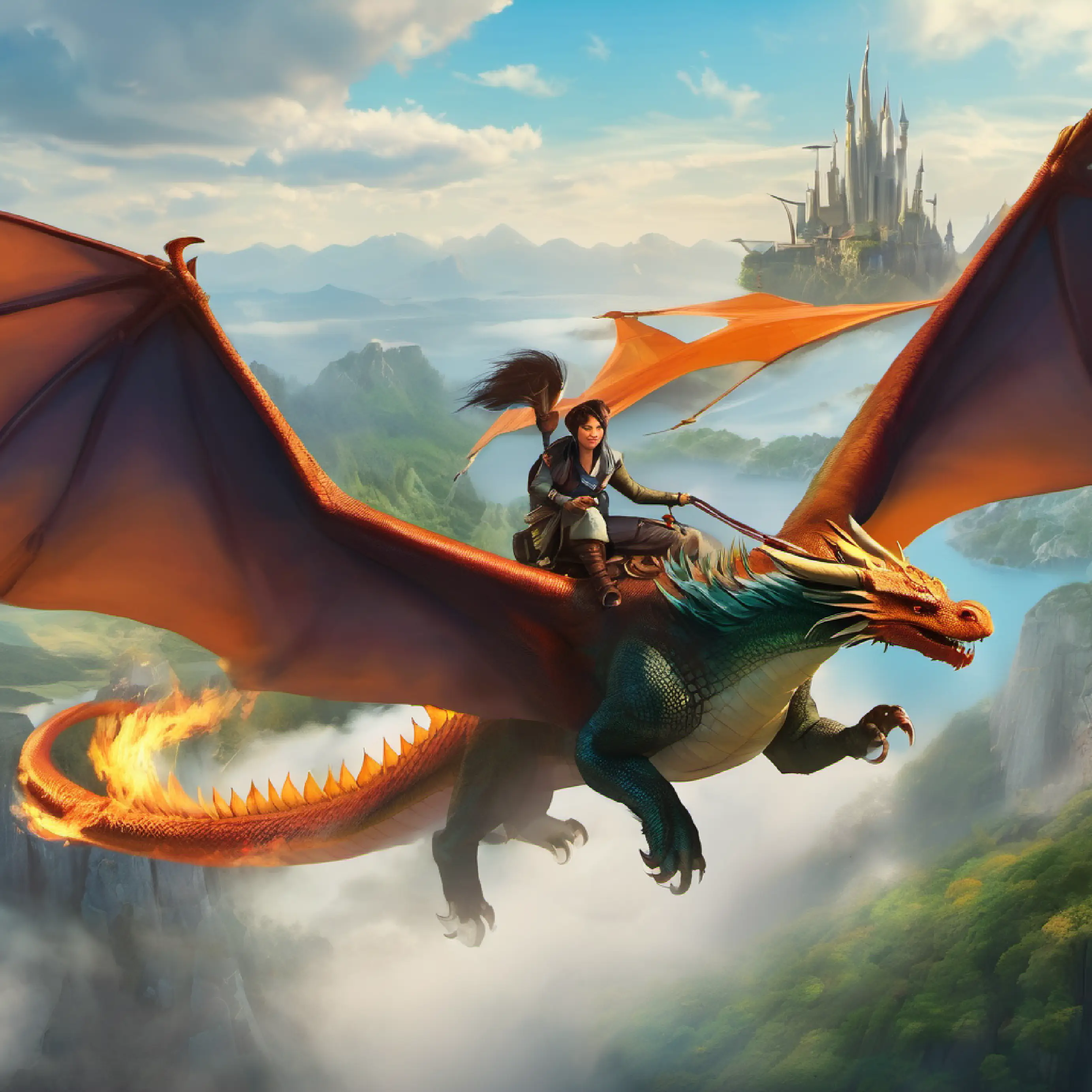 Alexis begins the adventure by flying with the dragon.