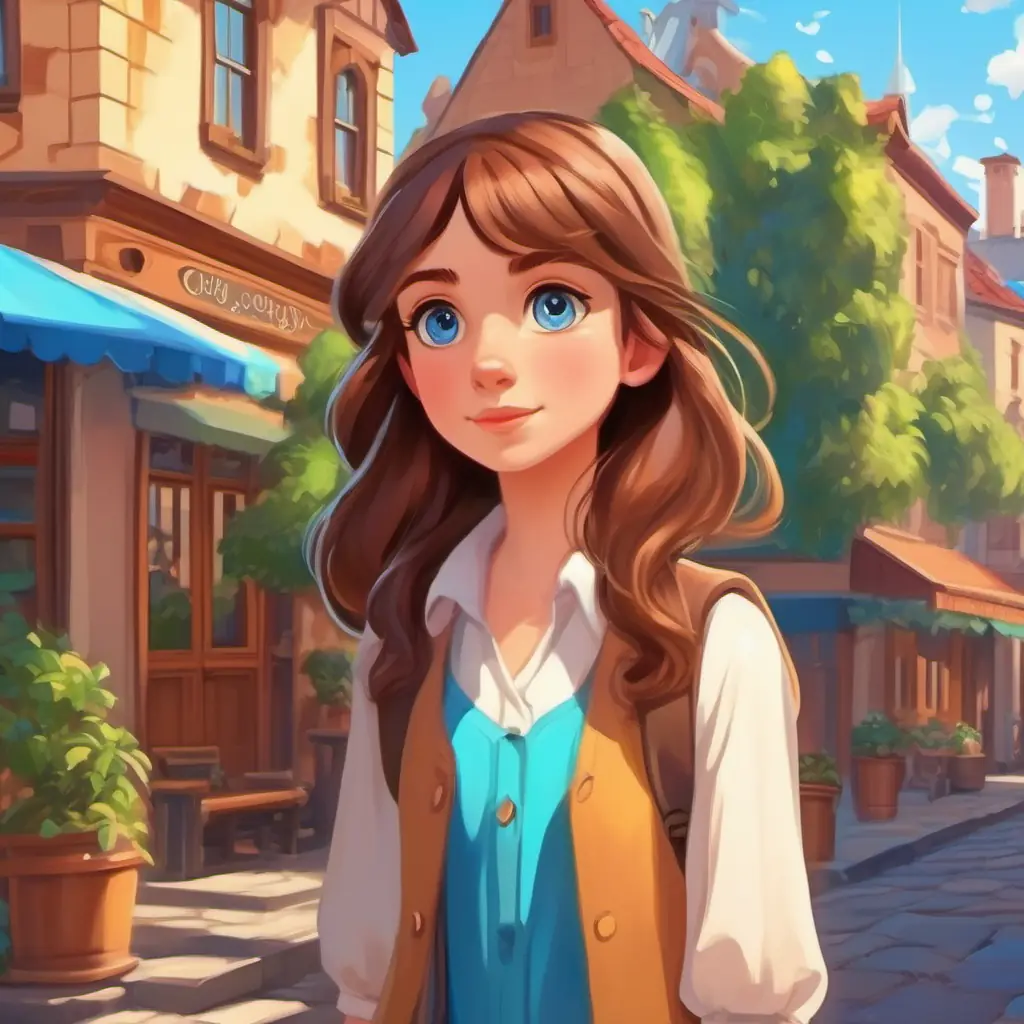 Introduction to the story, in a small town, main character Curious girl with brown hair and bright blue eyes, during daytime