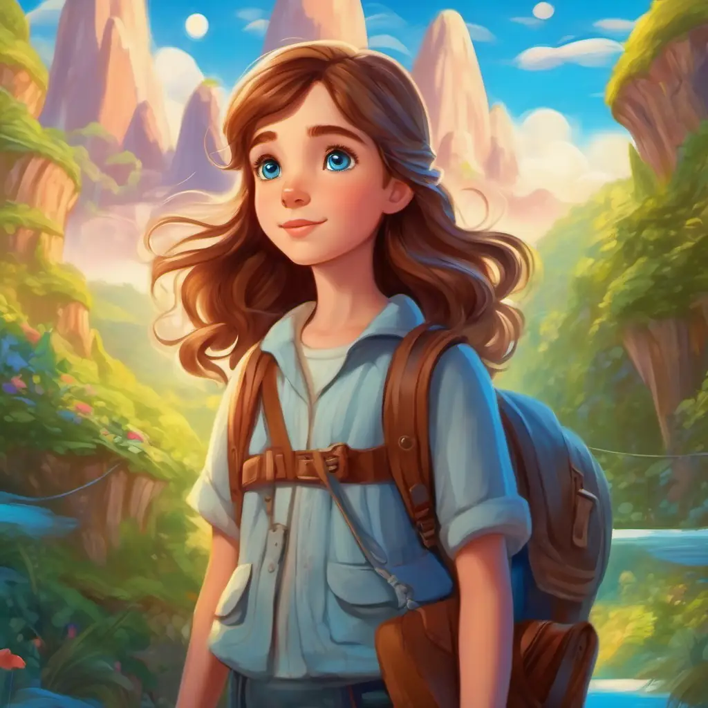 Curious girl with brown hair and bright blue eyes loves to dream, sets off on an adventure, Dreamland, a magical world
