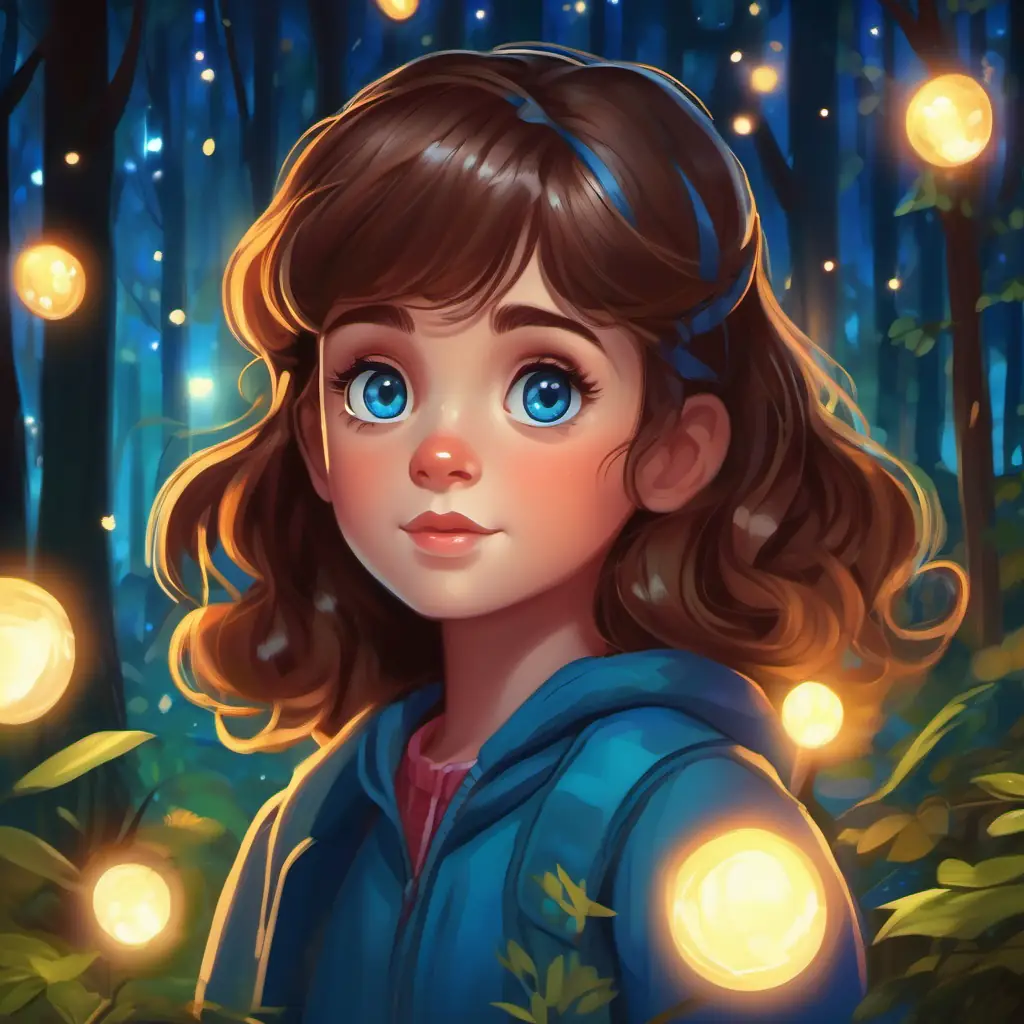 Curious girl with brown hair and bright blue eyes in a forest, trees sparkling with lights, night-time setting