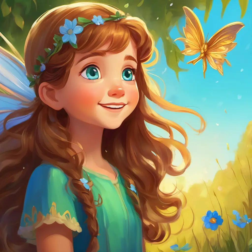Curious girl with brown hair and bright blue eyes hears a giggle, meets mischievous fairy, golden hair and green eyes