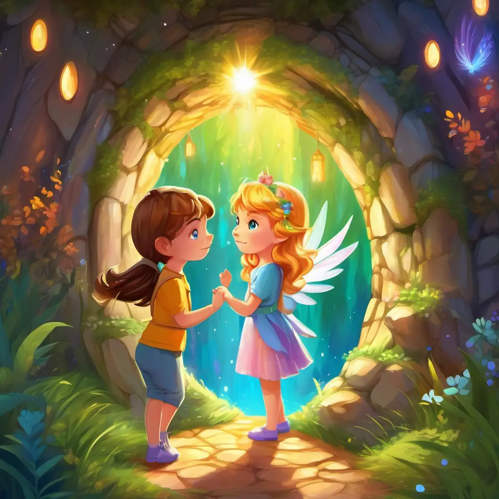 Mischievous fairy with golden hair and twinkling green eyes leads Curious girl with brown hair and bright blue eyes through a portal, colorful animals, friendly unicorns