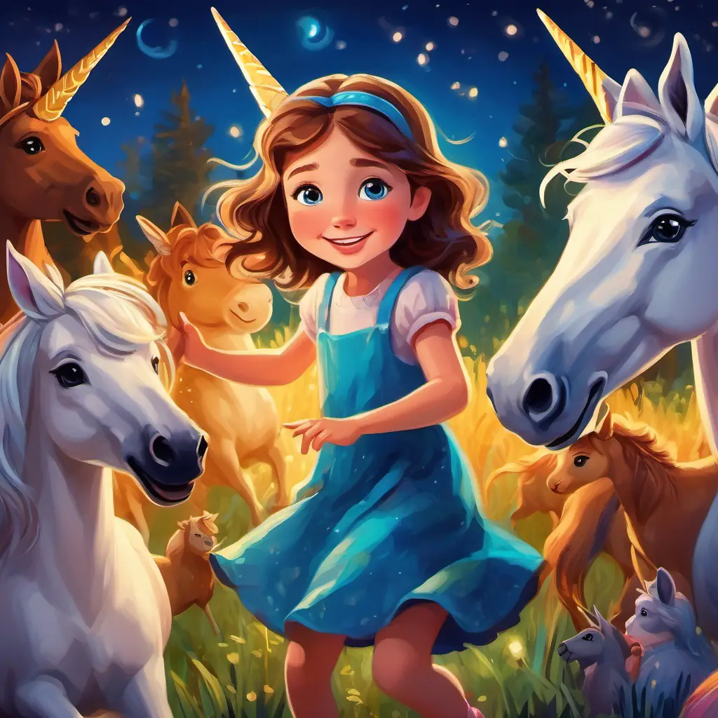 Curious girl with brown hair and bright blue eyes dances with animals, rides unicorns, laughter and giggles, night-time fun