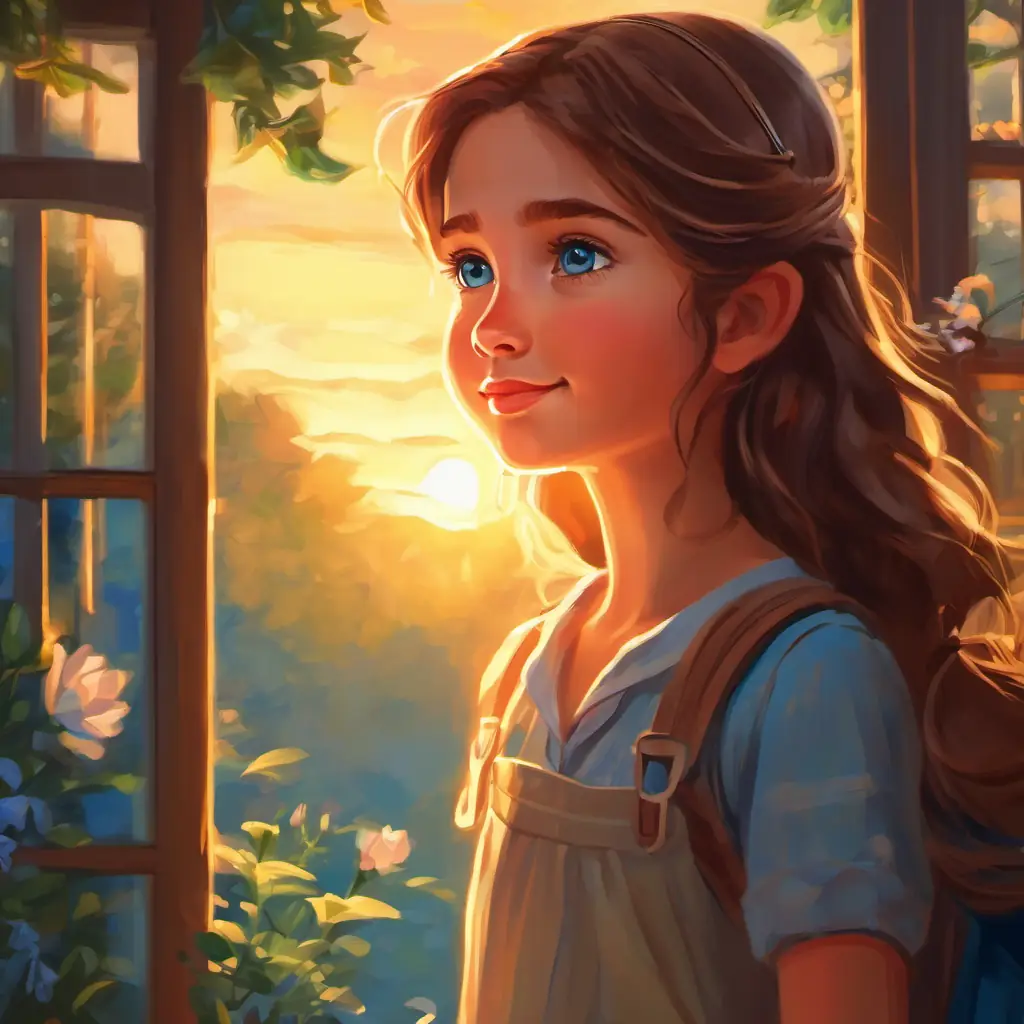 The sun peeks through, fairy bids Curious girl with brown hair and bright blue eyes farewell, promise to visit again, morning setting