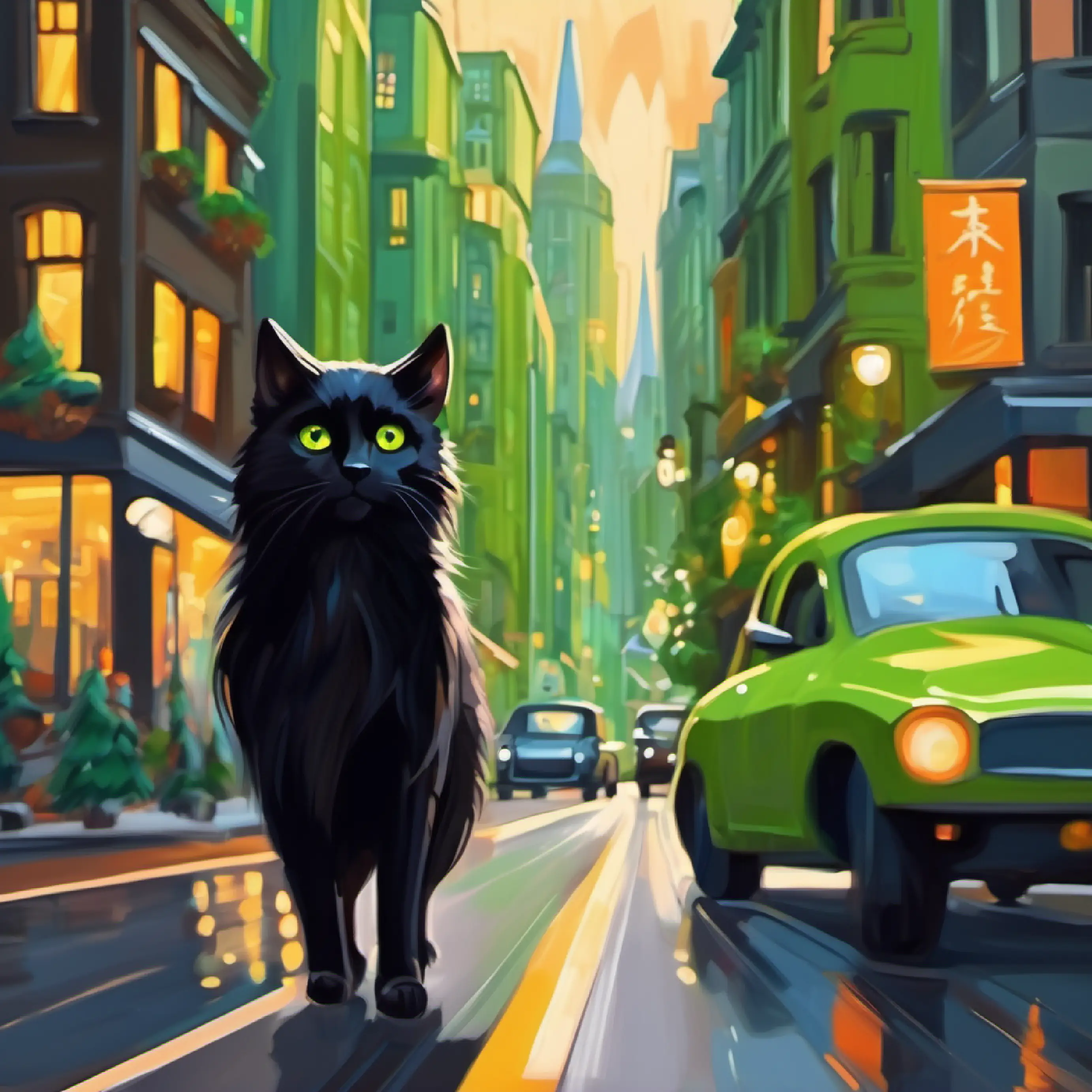 Sleek black fur, curious green eyes and Tiny, brown fur, agile with bright eyes stepping into the busy city.