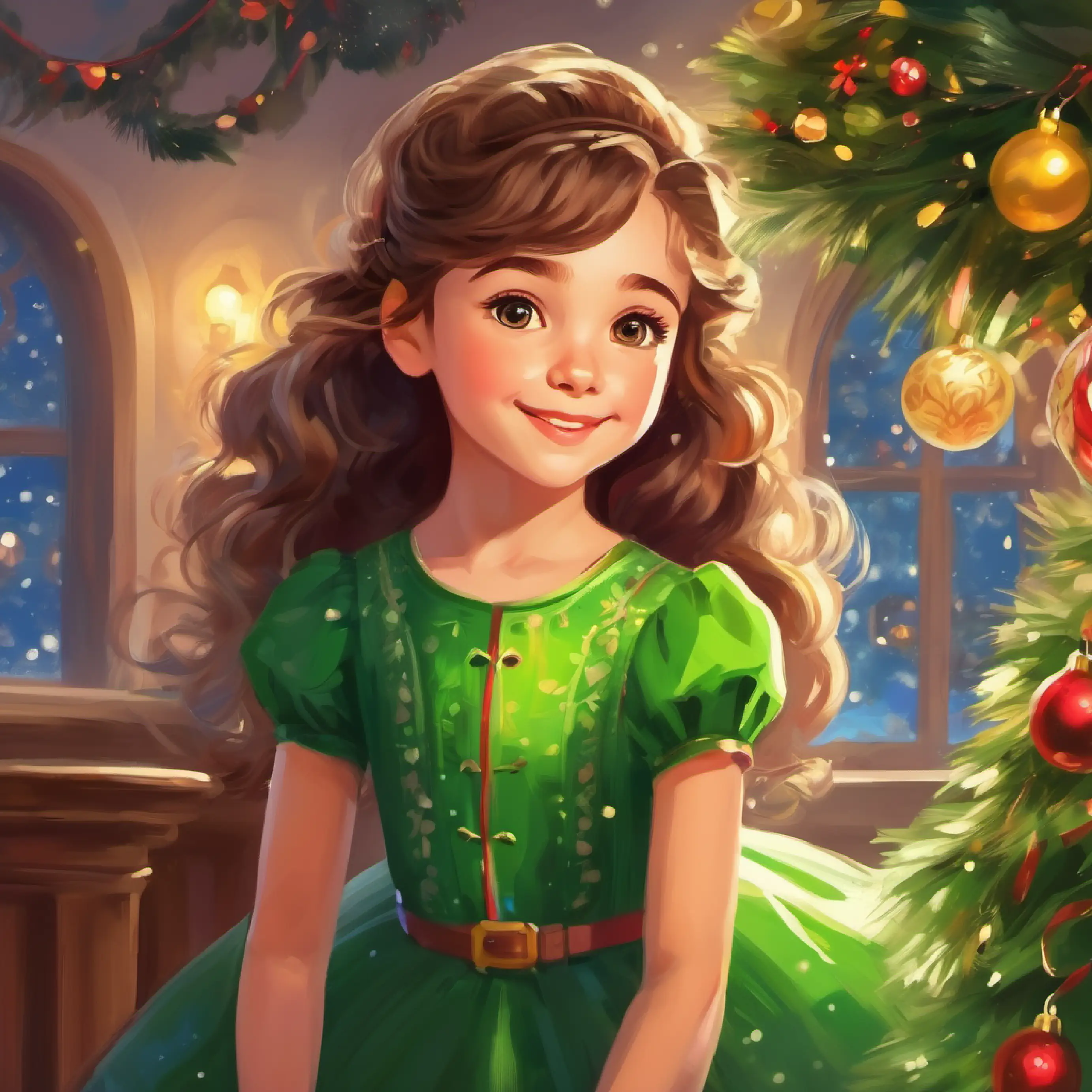 Young girl, cheerful, light-skinned, with bright green eyes wearing a pretty dress, still not content.