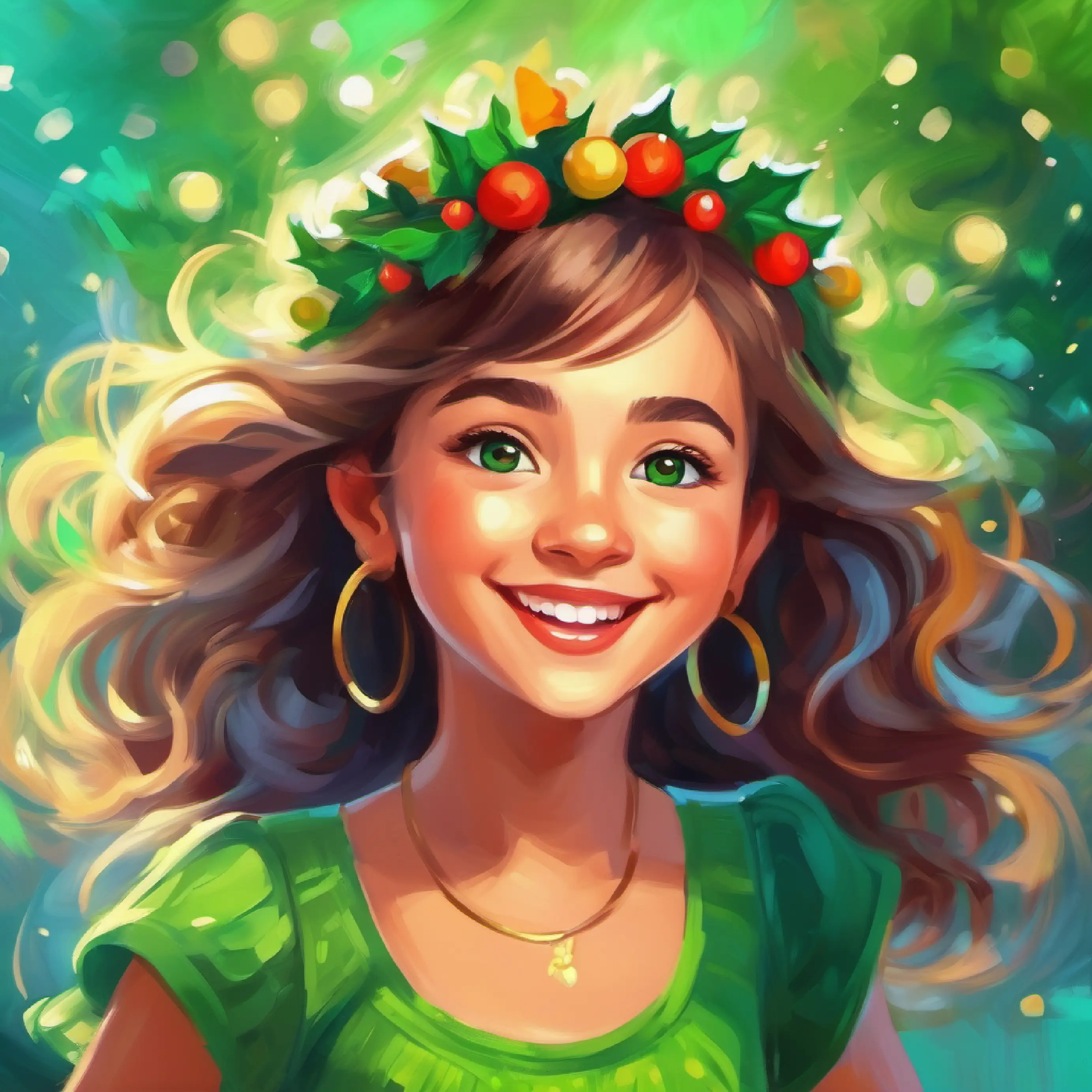 Young girl, cheerful, light-skinned, with bright green eyes dancing daily, growing in happiness and self-love.