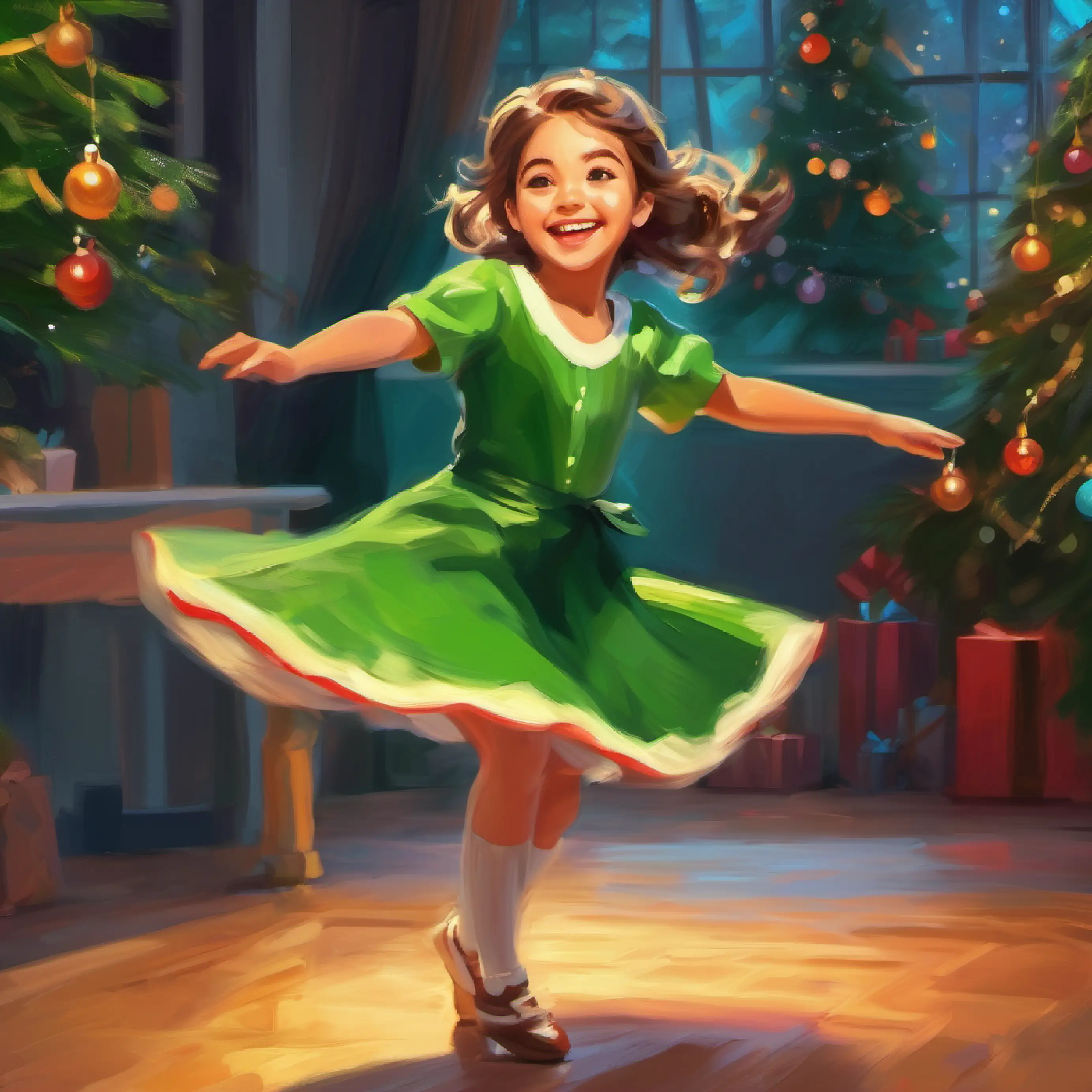 Young girl, cheerful, light-skinned, with bright green eyes stumbling as she attempts to dance.