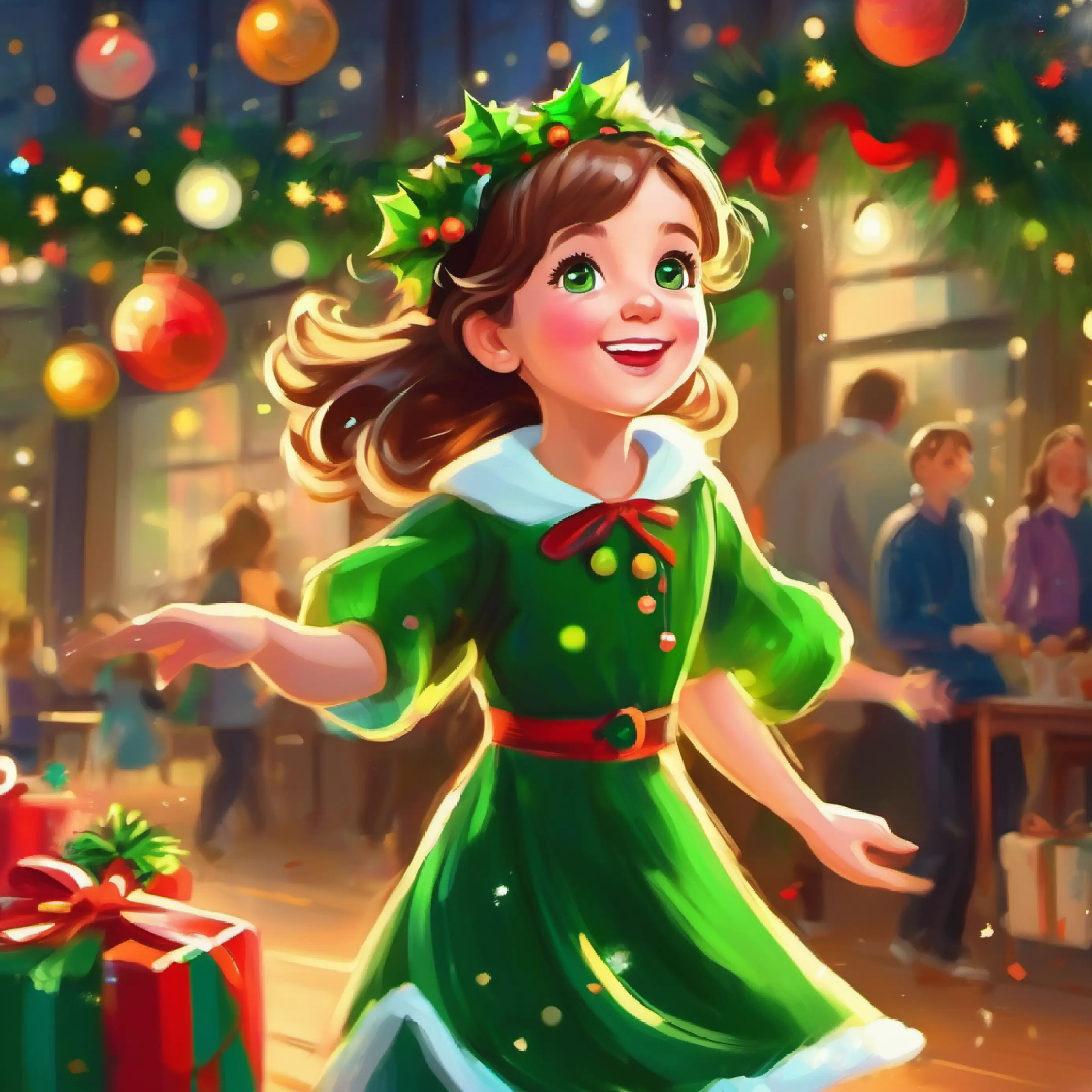 Young girl, cheerful, light-skinned, with bright green eyes begins to dance freely, not caring about her clumsiness.