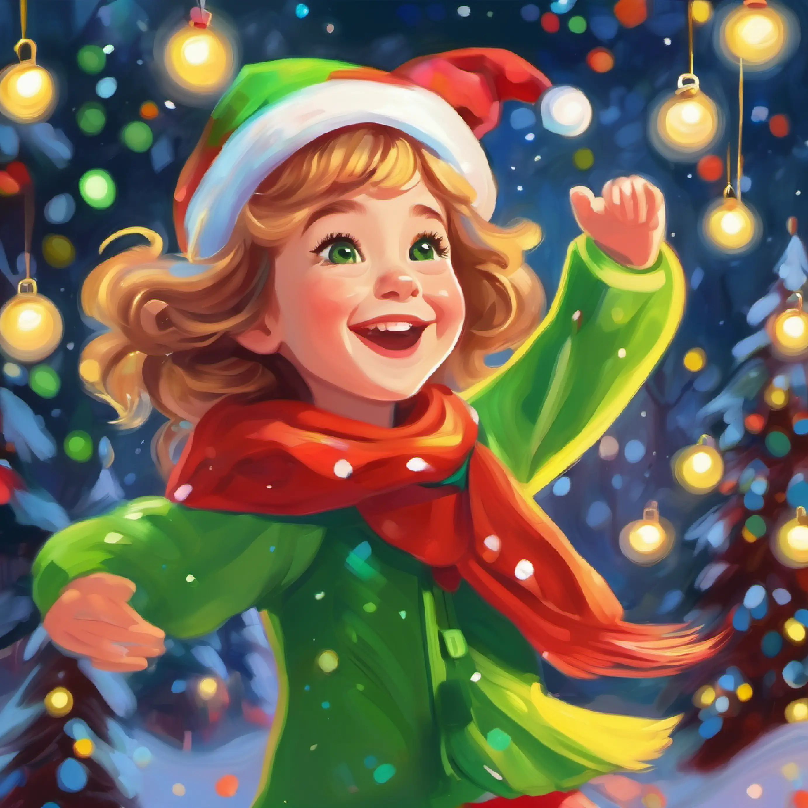 Young girl, cheerful, light-skinned, with bright green eyes smiling, discovering joy in dancing for herself.