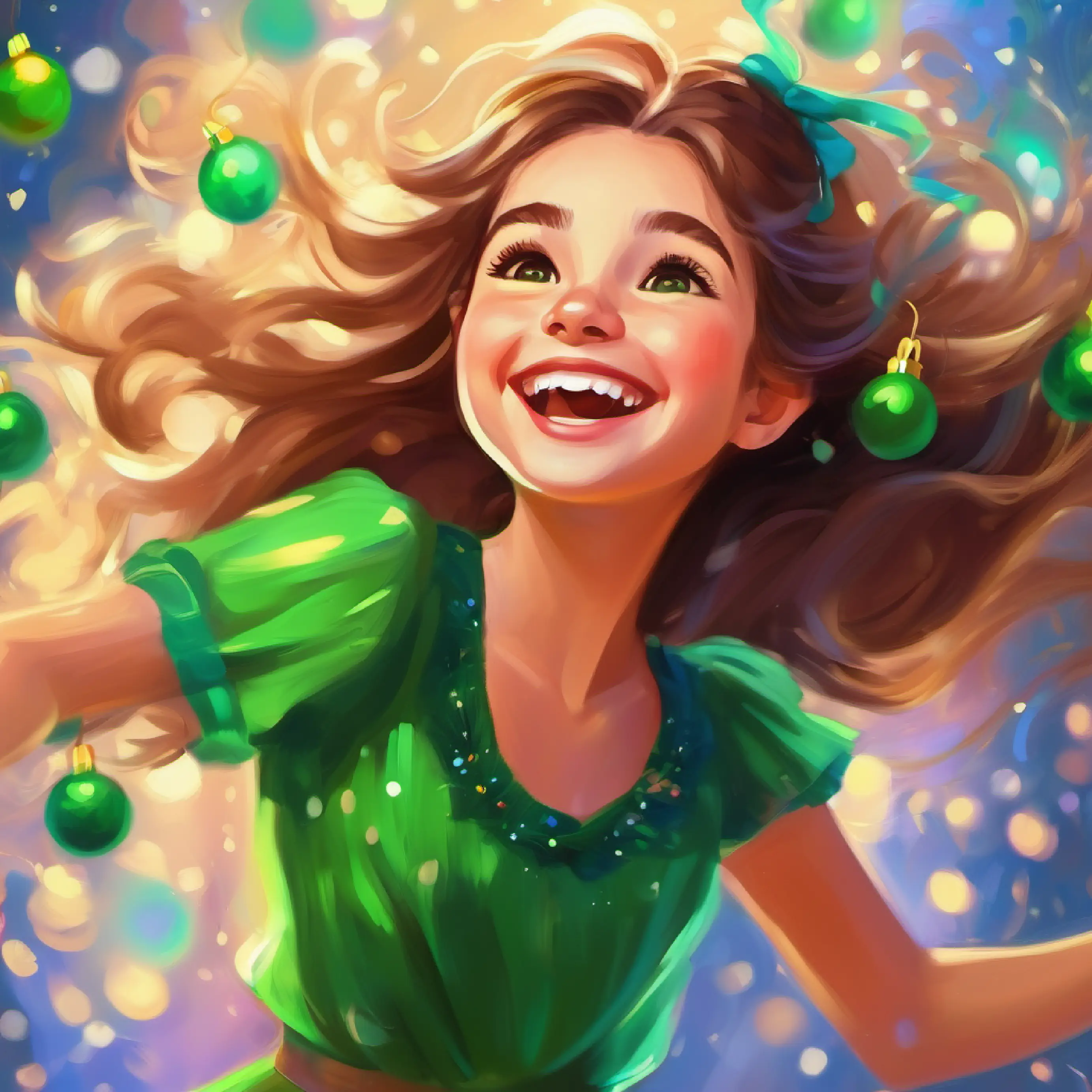 Young girl, cheerful, light-skinned, with bright green eyes happily dancing, laughing, enjoying herself.